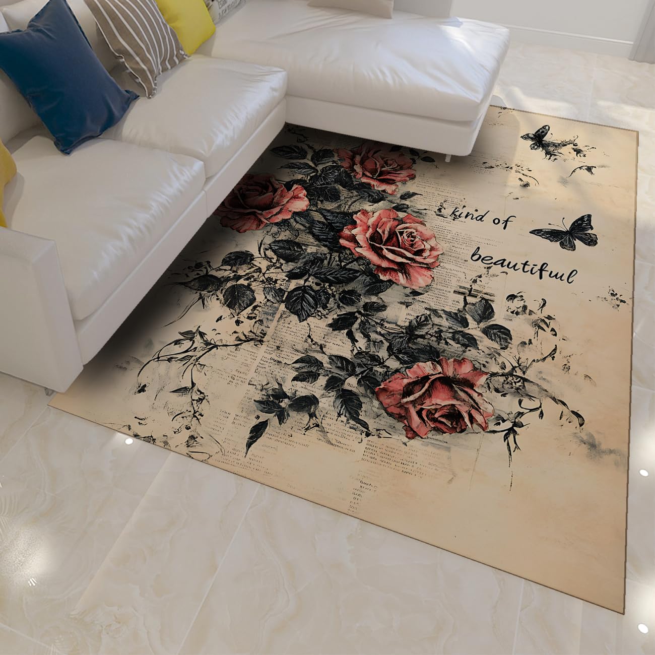 Tapis doux lavable à poil bas grand format 200x300cm style vintage floral