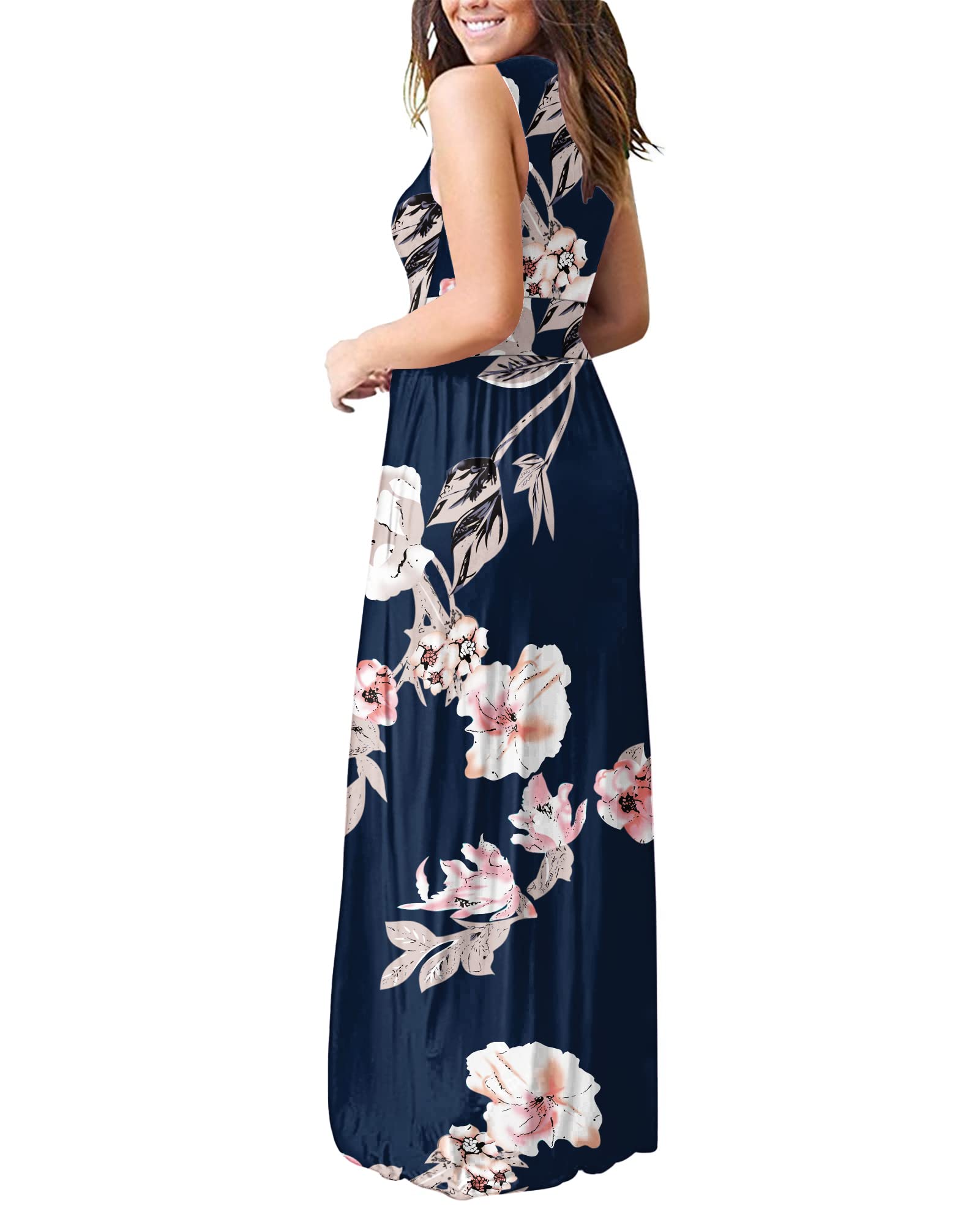 AUSELILY Ete Robe Longue Femme Maxi Robe V Col sans Manches avec Poches