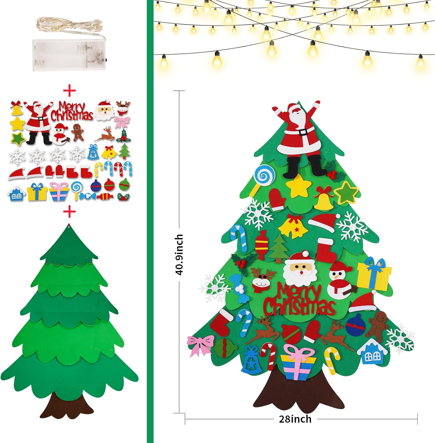 Srkmxzr Felt Christmas Tree Set for Adult, 3ft Indoor Christmas Decorations with String Lights, 38 pcs Wall Hanging Decorations Felt Craft Kits for Xmas Party Favors (Batteries Not Included)