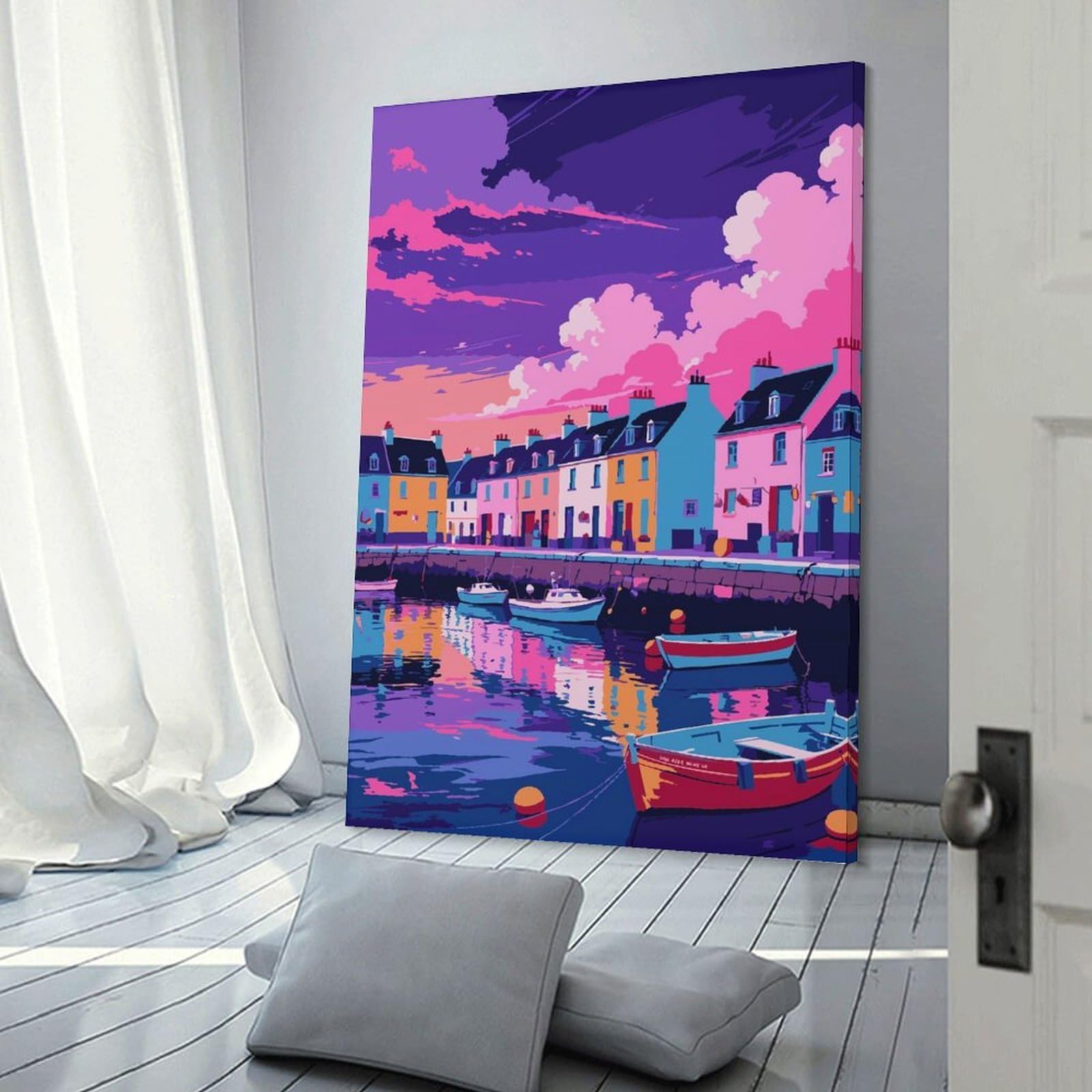 Junmoney Colorful Coastal Town with Boats Wall Art Print, 20x30inch(50x75cm), for Bedroom Decor, Cosy Corners Or Studios, Decorative Wall Art for Cosy Rooms