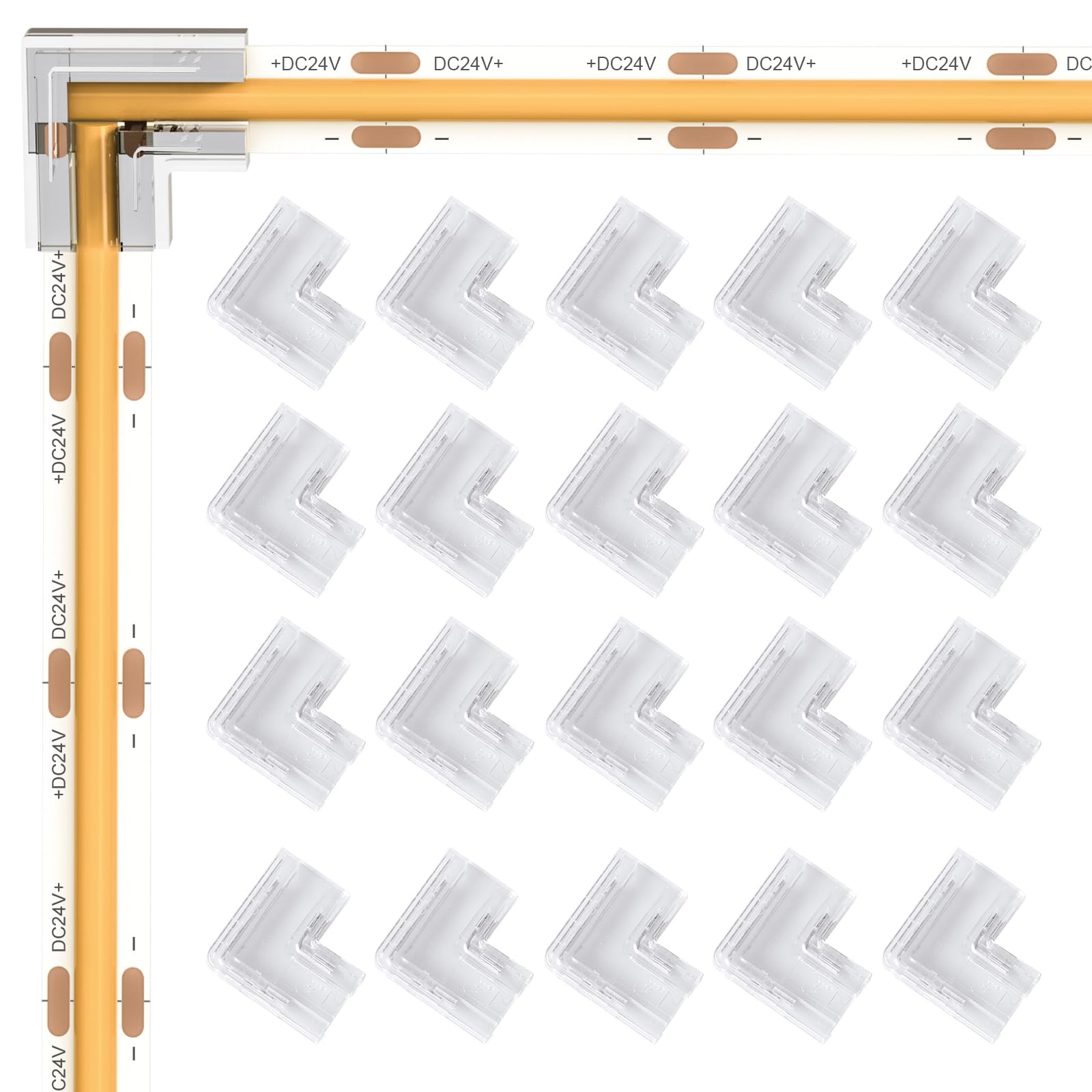 VISDOLL 20pcs COB LED Light Strip Connectors 8mm 2Pin,Strip to Strip L-Shaped/Corner Connector LED Tape Light Connectors, Transparent Solderless