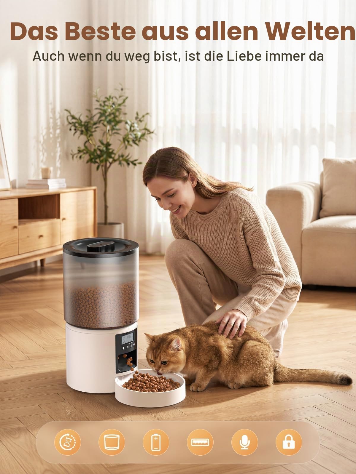 Futterautomat Katze 4L mit Timer, Katzenfutter Automat programmierbar 1–6 Fütterungen Portionskontrolle, Futterspender Katze mit 10s Sprachaufnahme Dual-Strom für kleine & mittlere Haustiere
