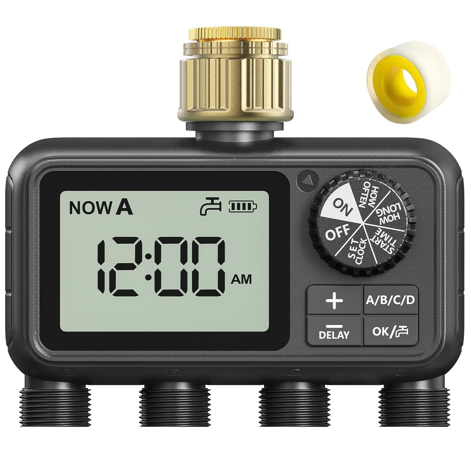 Computer di irrigazione, timer di irrigazione con ritardo di pioggia/modalità automatica e manuale, IPX5 impermeabile/grande schermo LCD, timer d'acqua per giardino, prato (4 uscite 1T)