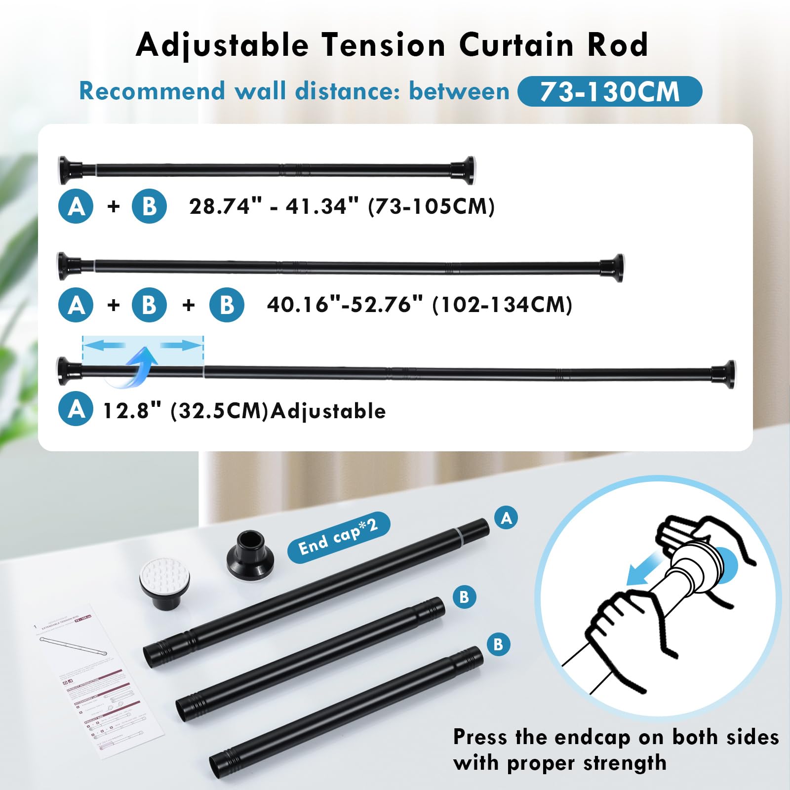 Extendable Shower Curtain Pole 73-134cm Stainless Steel Shower Curtain Rod Tension Rod Adjustable Telescopic Curtain Poles No Drilling Shower Curtain Rail for Bathroom Window Kitchen Wardrobe Black - Image 2