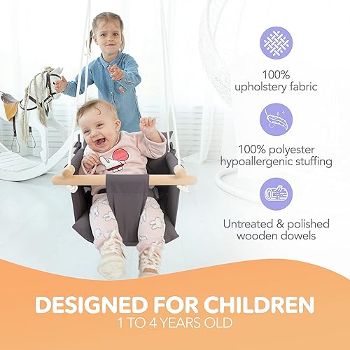 Miniatura 2 de CaTeam - Columpio de lona para bebé, silla colgante de madera con cinturón de seguridad, columpio duradera para bebé, columpio para exteriores e