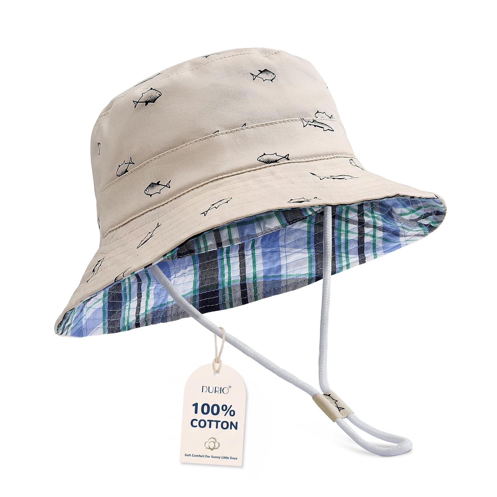 Durio UPF 50+ Sombrero para bebé contra el sol, sombreros tipo bucket de ala ancha para niños de 0-8 Years | protección solar ligera de verano para playa, parque, viajes, escuela y guardería, correa ajustable para la barbilla, forro de algodón a cuadros