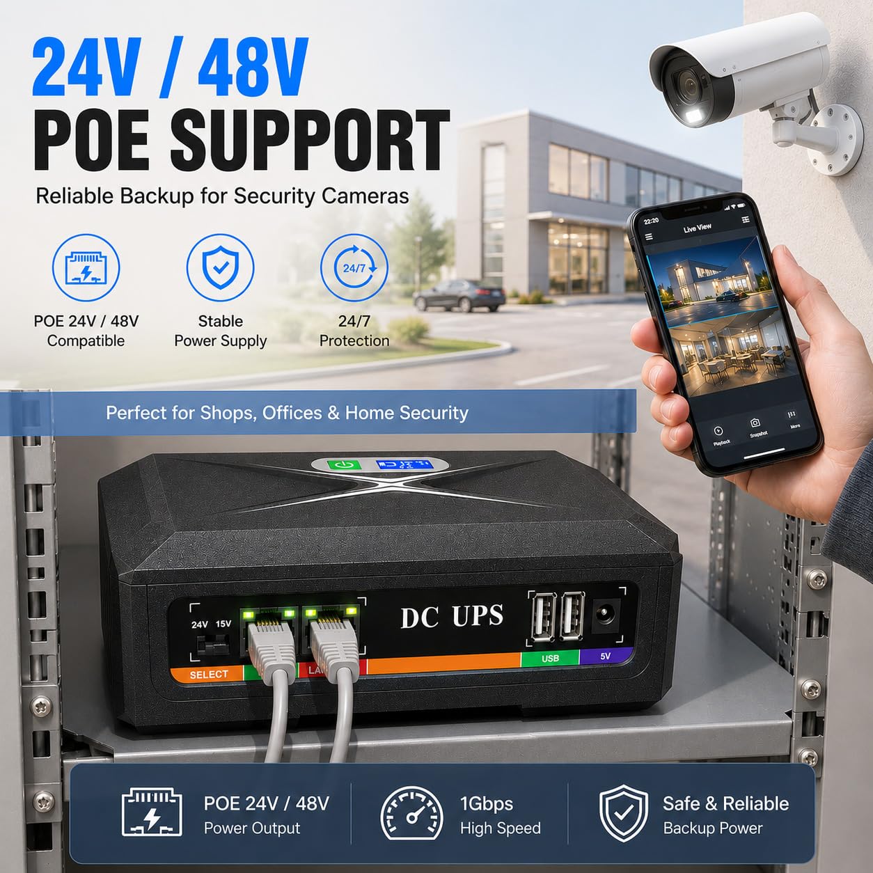 Mini UPS per Router Wifi,24000mAh Mini UPS Batteria di Backup con POE 1Gbps,4Porti DC 12V/3A, 1Port 5V/9V/12V-2A, 1Port USB 5V/2A Protezione Antisurge Ricaricabile Integrata (60W)