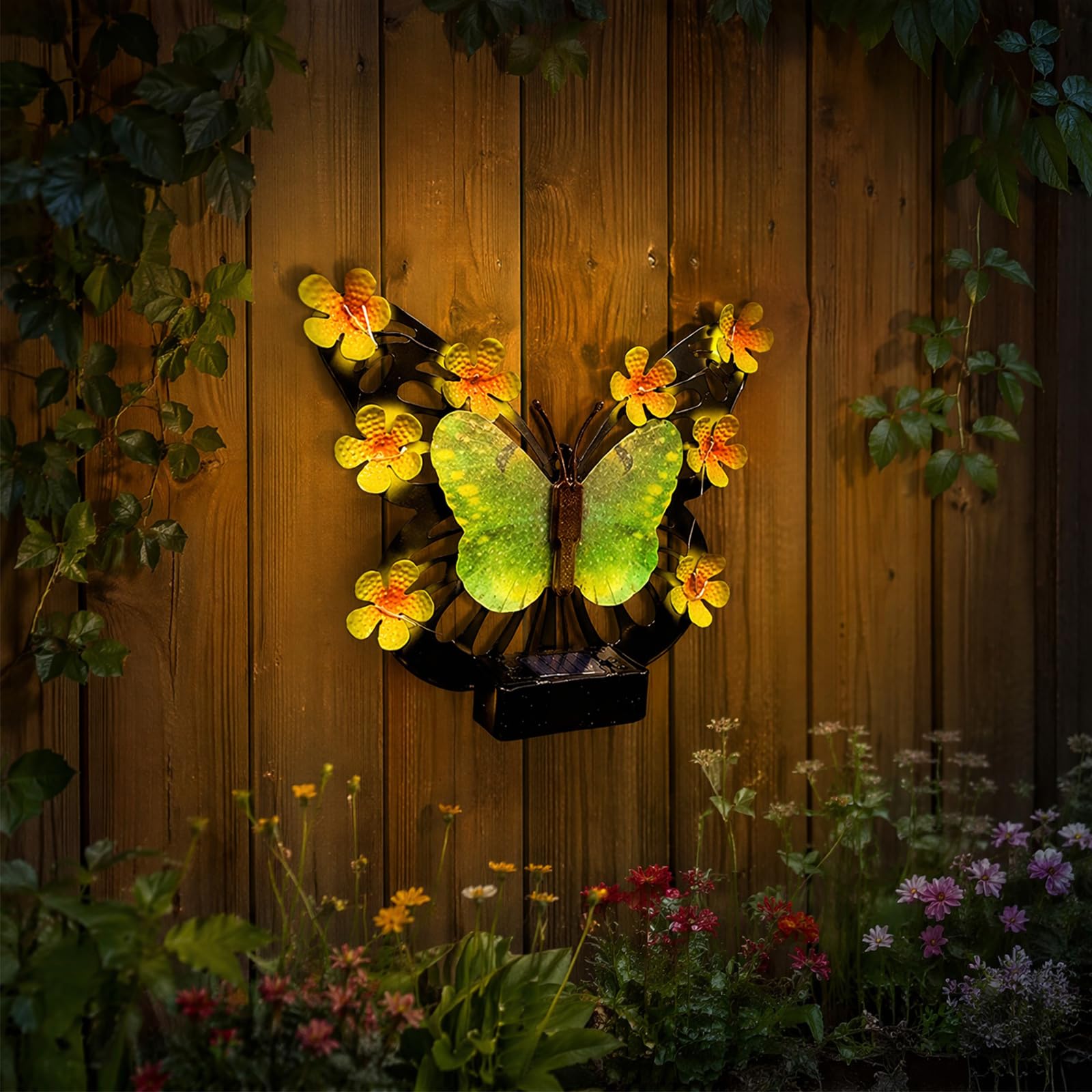 CRGANGZY Solar Butterfly Lights Outdoor, Solar Butterfly Garden Wall Decor LED Light, Metal Butterflies Illuminated Fence Lamp Hanging Sculpture for Patio Porch Yard Garden Decoration
