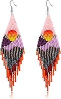 Handmade Bohemian Long Tassel Beaded Dangle Earrings - Boho Statement Fringe Drop Earrings for Women