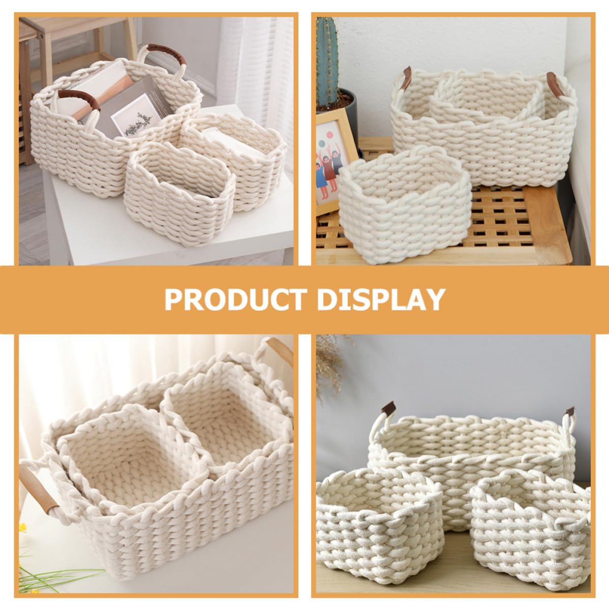 Cesta Portaoggetti Intrecciata in Corda di Cotone Bianca, Set 3 Pezzi | Manico in Cuoio, per Casa e Scaffale, Formato Piccolo e Grande, Adatta a Oggetti Vari