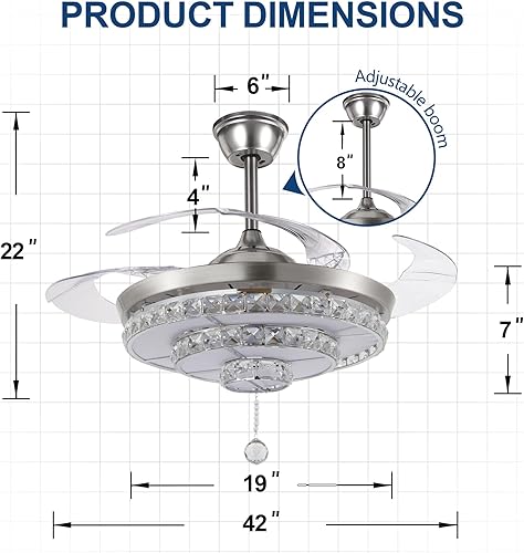 Miniatura 5 de Ventilador de techo de cristal de 42 pulgadas con luces, retroceso cromado moderno, control remoto, 3 velocidades, ventilador de techo sin ruido