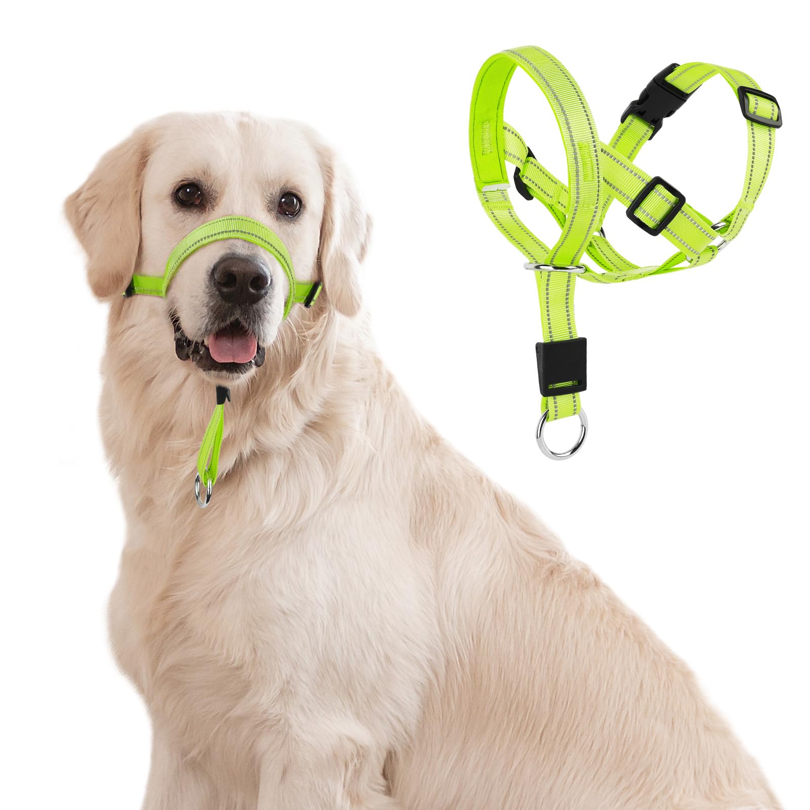 Collar de cabeza de perro sin tirones, collar reflectante para perros, collar acolchado para evitar tirones pesados, correa antitirones (verde, grande (hocico de 7.9 a 17.3 pulgadas)
