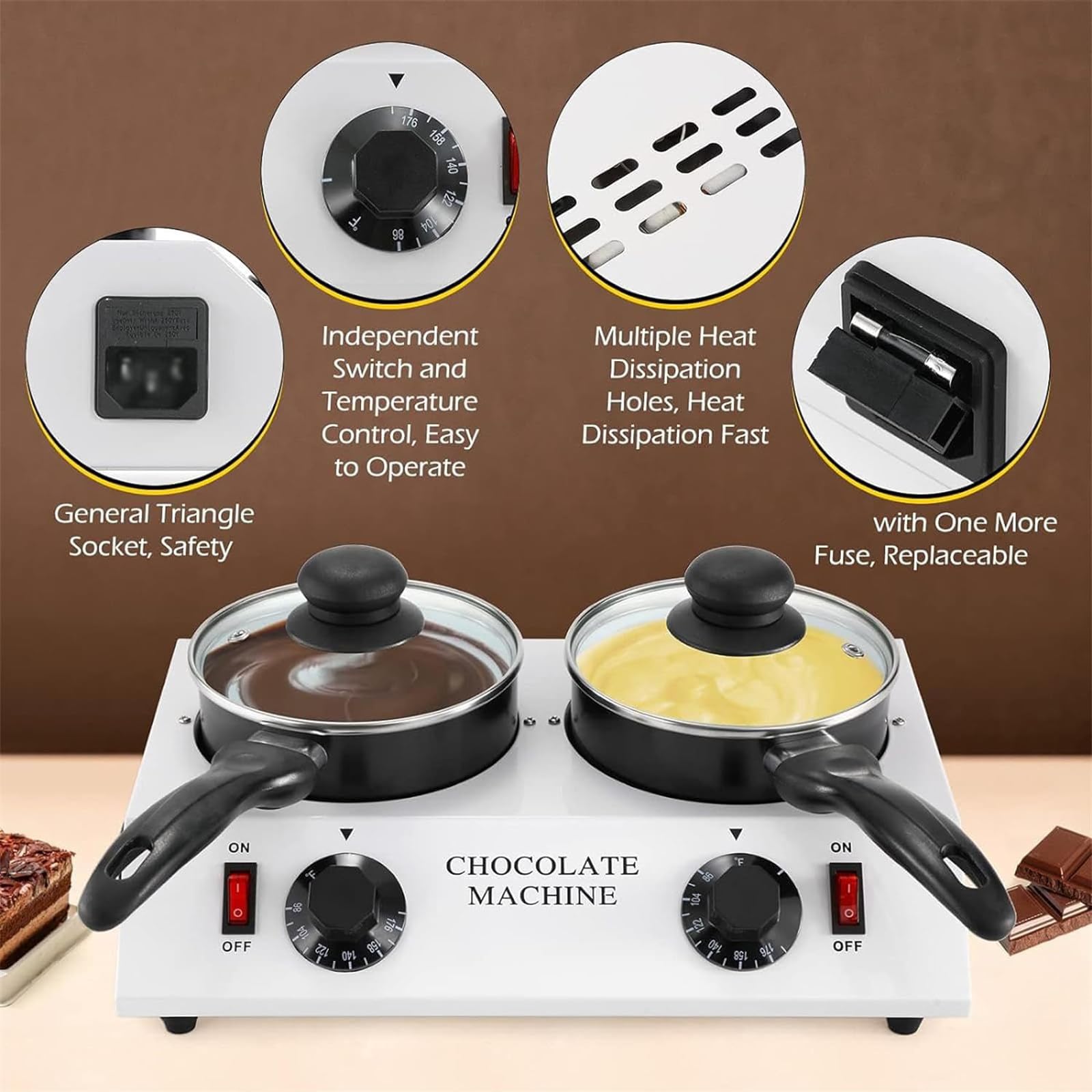 Pot À Chocolat 80W avec Double Pot, Machine À Tempérer Le Chocolat Antiadhésive avec 30~85 °C, Machine À Fondre Électrique Réglable pour Faire du Chocolat – 4 Outils De Cuisson