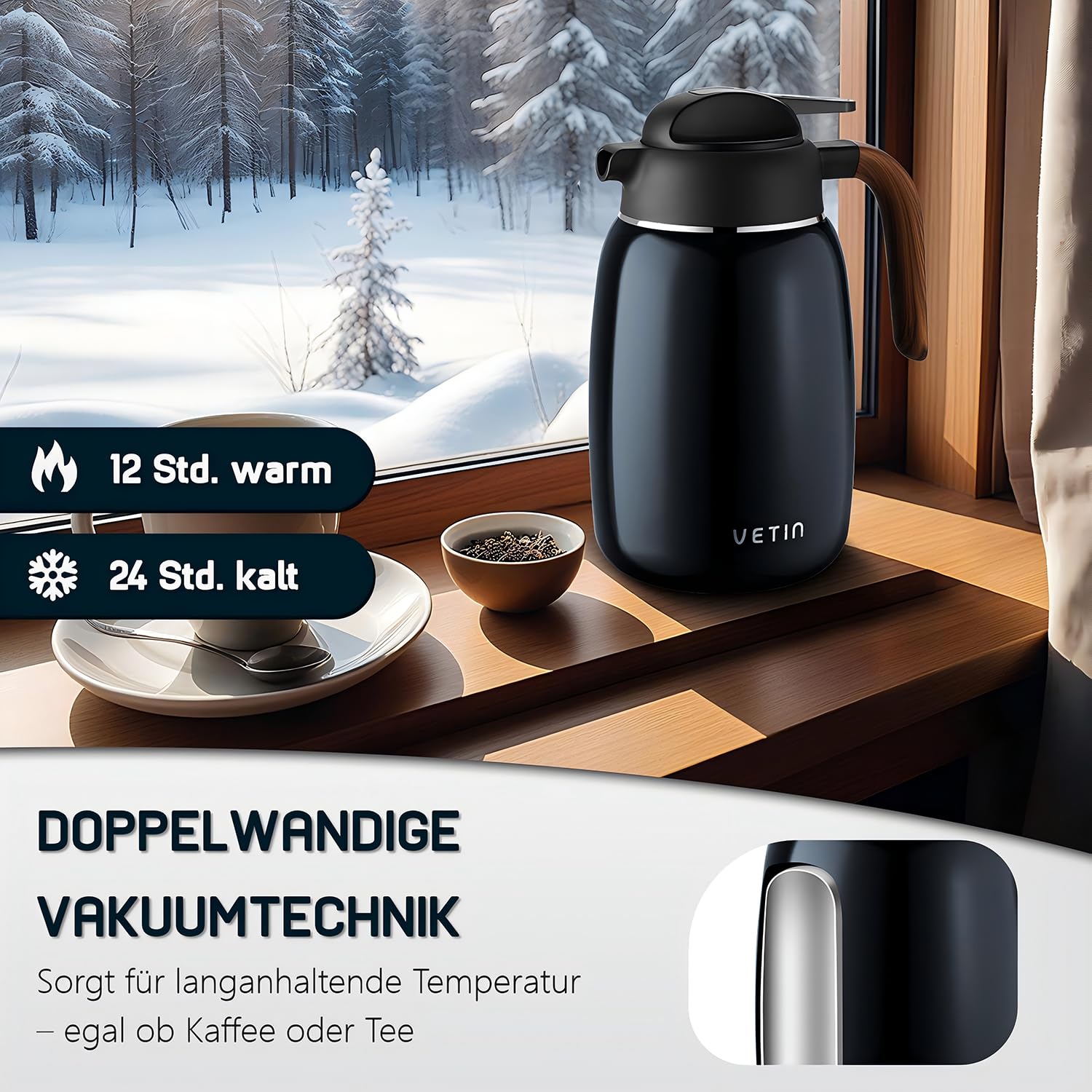 VETIN Termo con colador de té de 1,5 l, jarra térmica de doble pared de acero inoxidable 304, tetera térmica con colador, jarra térmica de 12 horas de calor/24 horas de frío
