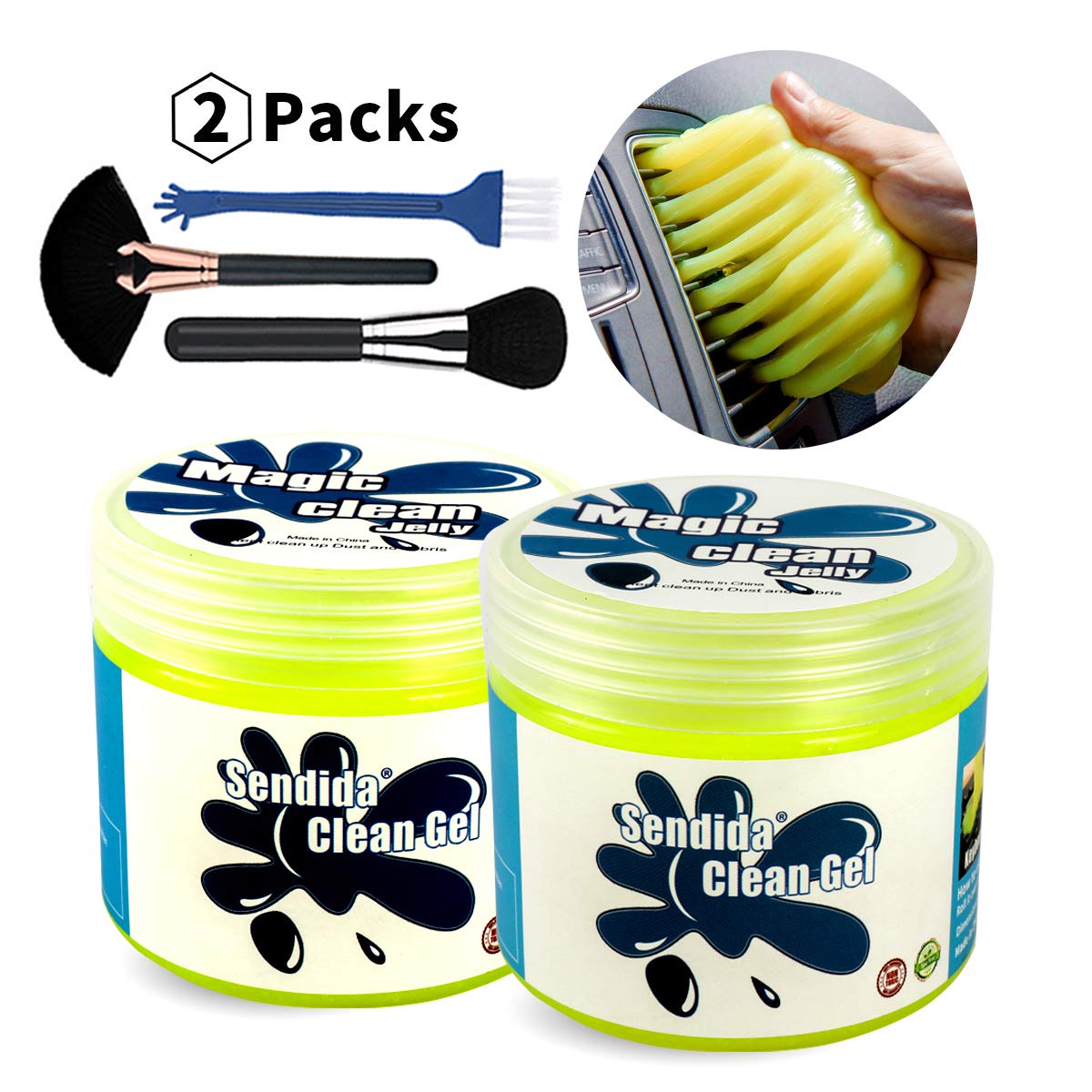 Car Cleaner Putty Detailing Brush - 2 Pack Auto Gel Interior Cleaner Putty Glue with Brushes Set for Cleaning PC Tablet Laptop Keyboards Car Vents Cleaner Slime Goop Detailer