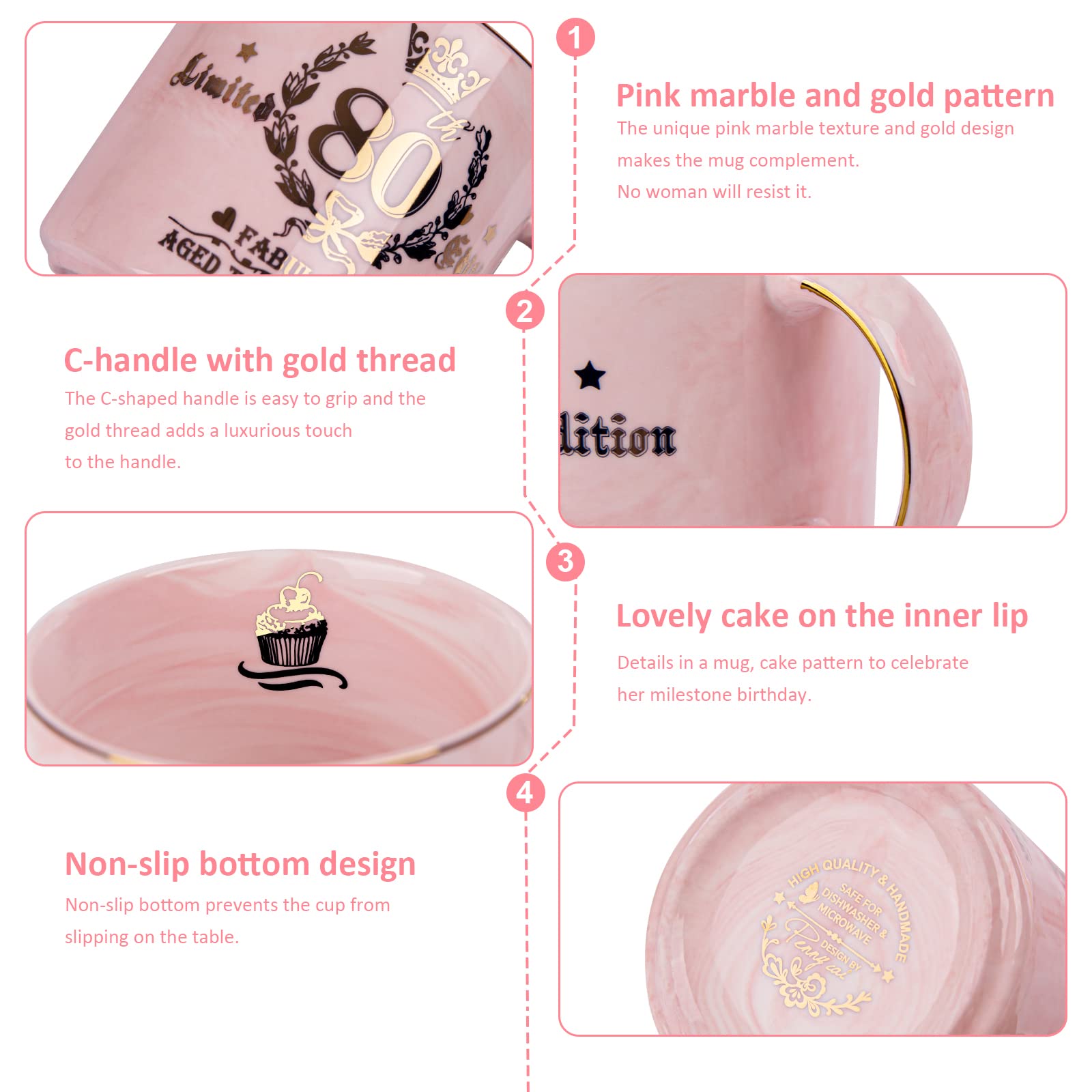 Biching 80th Birthday Gifts for Women, 14oz Pink Coffee Mug with Gold Pattern, Best Gifts for 80 Year Old Grandma, Mom, Sister, Friend, Fabulous 80 Limited Edition, 1946 Birthday Gifts for Women