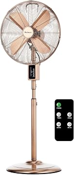Holmes 16 Inch Copper Digital Metal Stand Fan 3 Speeds 75 Degree Oscillation 20 Degree Head Tilt Adjustable Height Quiet Operation Remote Control for Home Office Bedroom Living Room