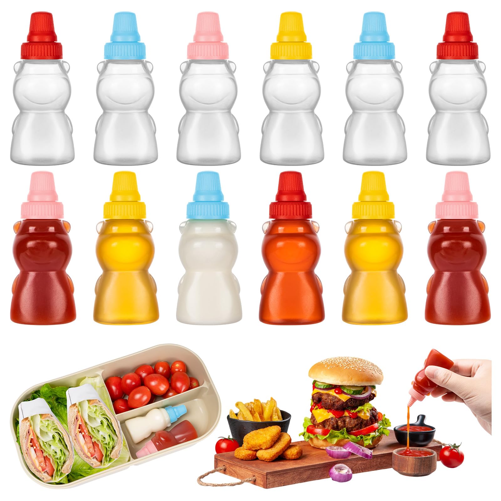 XJWWHZ 12Pcs Mini Condiment Squeeze Bottles, Mini Sauce Containers for Lunch Box, 25ml Small Ketchup and Mustard Bottle for Kids for Travel
