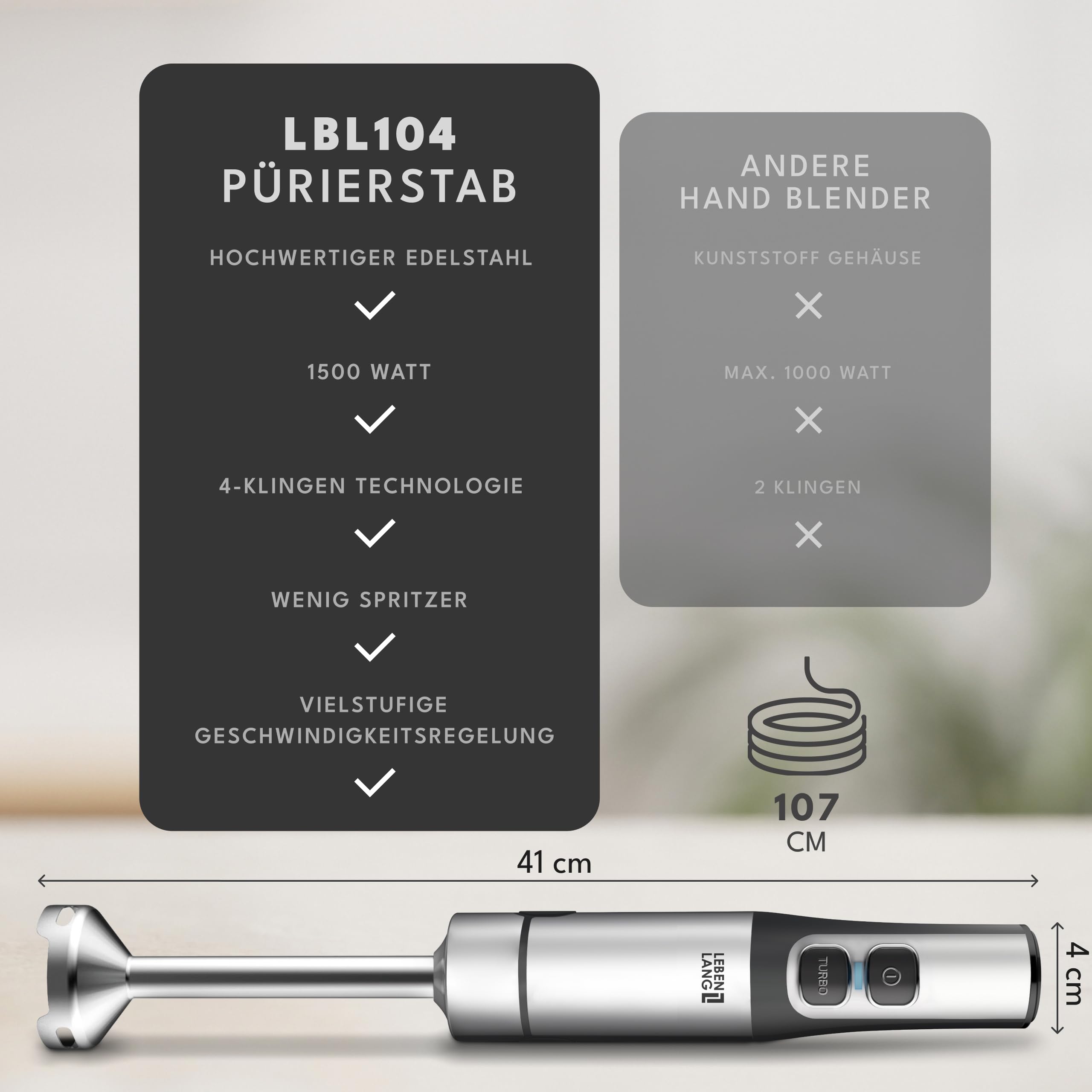 LEBENLANG 1500W Stabmixer Edelstahl - Inkl. 800ml Messbecher & Spritzschutz I Stufenlos verstellbar & Turbo I Pürierstab Zauberstab Mixer Mixstab Elektrische Hand Blender Purierstabmixer Pürierstäbe