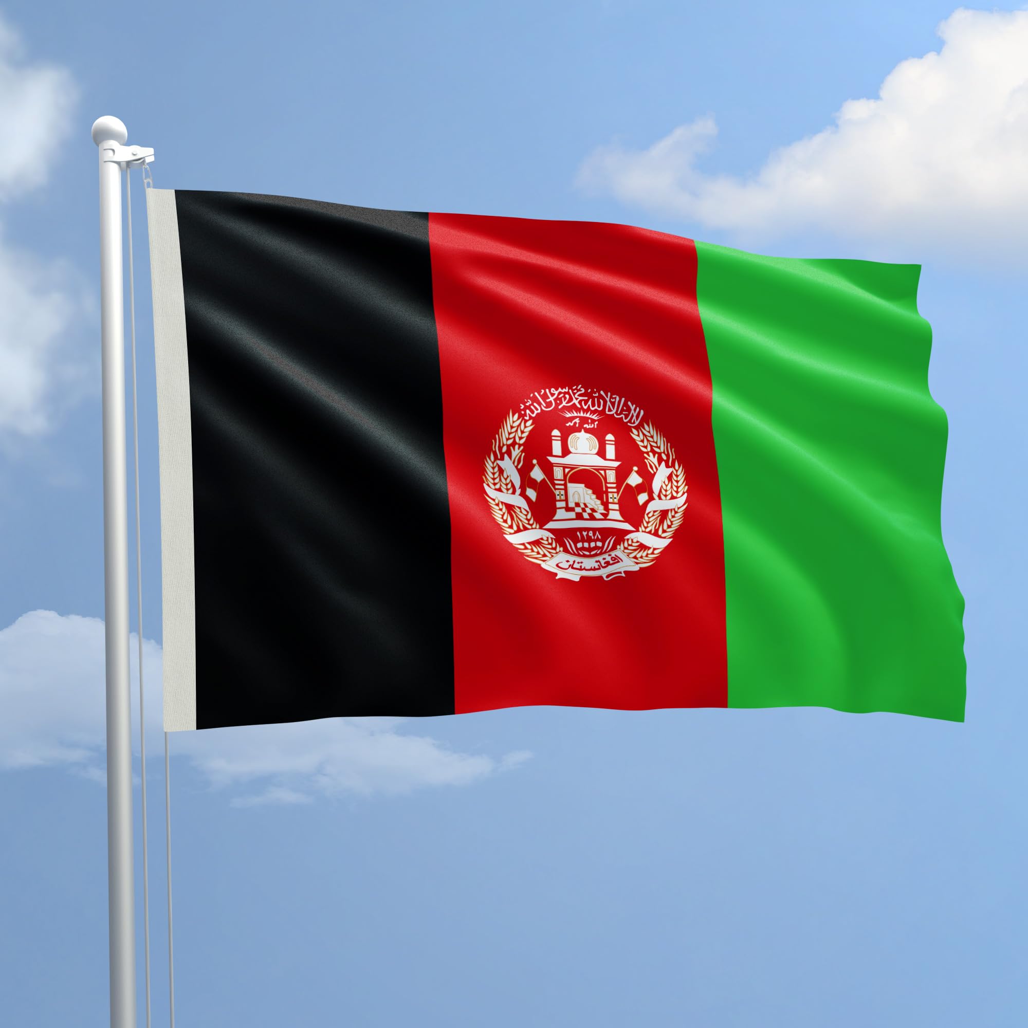 Bandiera Afghanistan 300 x 450 cm in Poliestere Nautico Ignifugo 115 g/mq per Uso Interno ed Esterno con Finiture Professionali, Doppie Cuciture, Corda e Guaina, Colori Brillanti e Duraturi