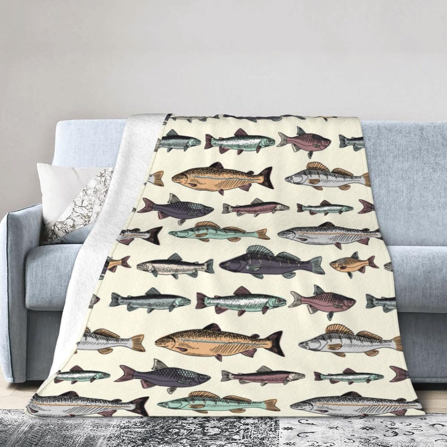 Vintage Fish Blanket Soft Lightweight Throw Blankets Cozy Flannel Bed Throws for Sofa Couch Travel Home Room Bedroom Decor Gifts for Boys Girls Kids Adults 60"x50" - Image 8