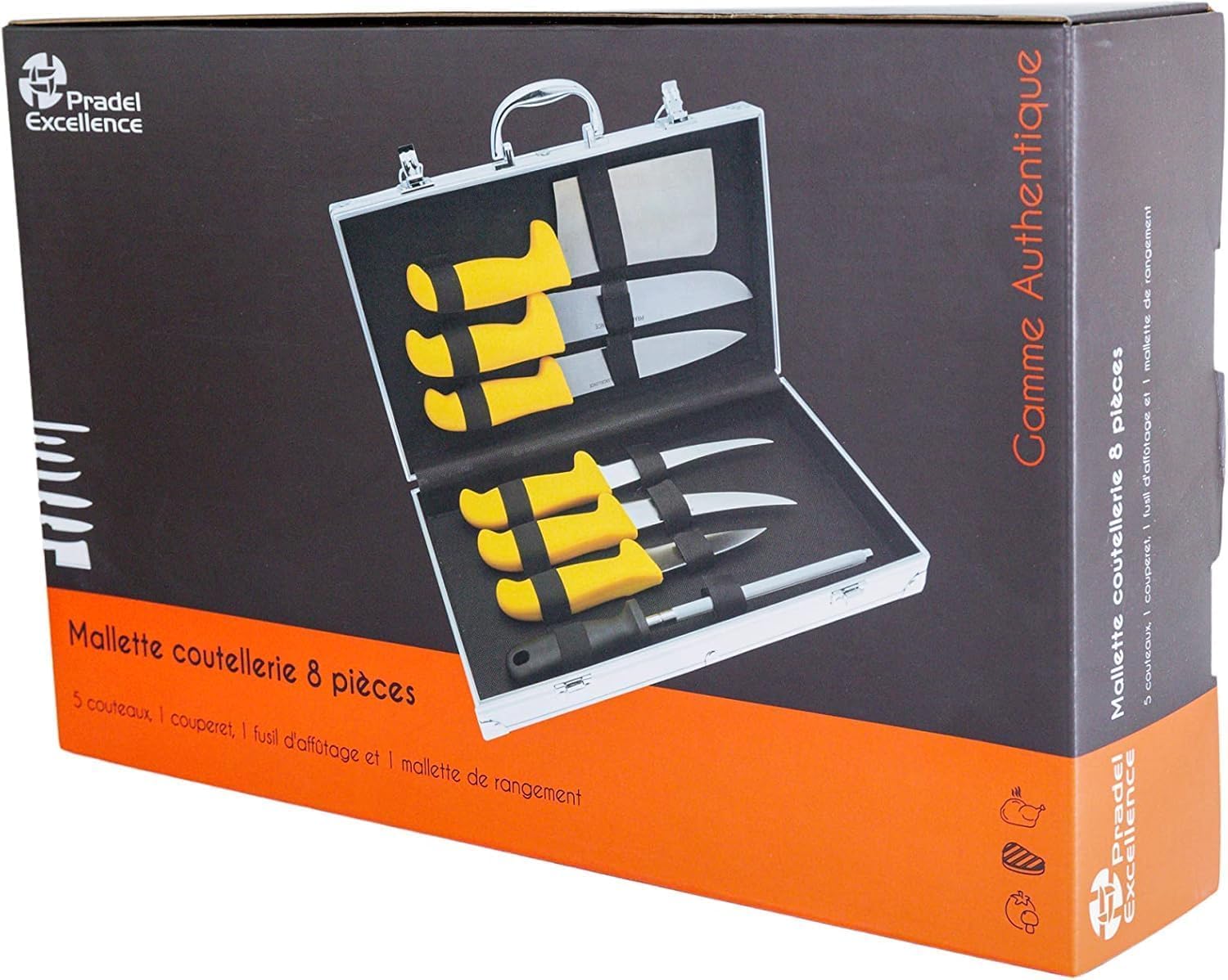 Pradel Excellence - PCOT005009 - Mallette Couteaux de Boucher 8 Pièces - Gamme Authentique - 5 Couteaux + 1 Couperet + 1 Fusil d’Affûtage - Lames Inox - Manches Polypropylène - Lave-Vaisselle