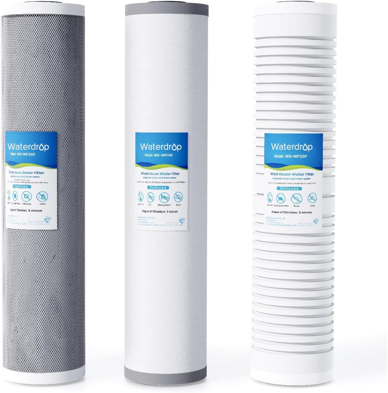 Waterdrop Whole House Water Filter, Carbon Filter, Reduce Iron & Manganese Filter Cartridge, Replacement for, Any 20" x 4.5" System, 5 Micron，WD-WF20PFC