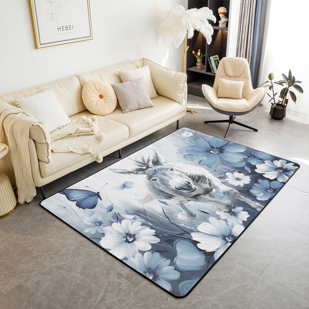 Erosebridal Donkey Area Rug 3x5, Butterfly Safari Printed Rectangular Indoor Floor Mat, Wildlife Animals Carpet for Bedroom Living Room, White Blue Daisy Flowers Kids Boys Washable Decorative Rug