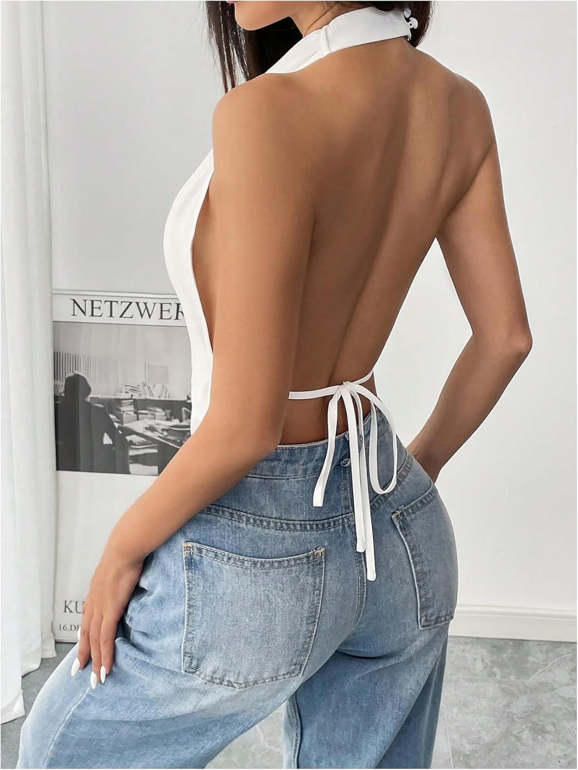 MakeMeChic Women's Halter Tops Open Back Sleeveless Satin Dinner Tops Tie Backless Fall Shirts - Image 2