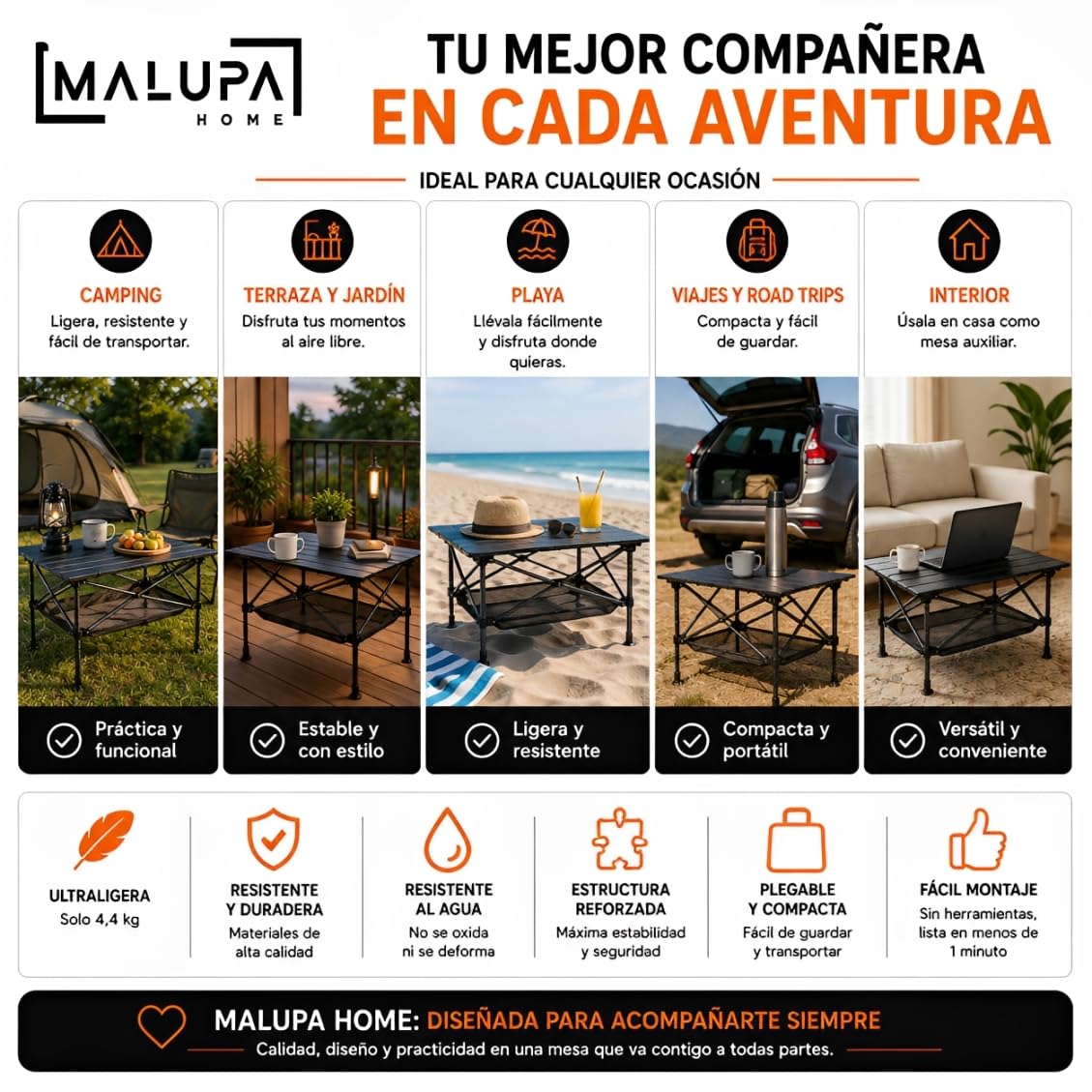 Mesa Plegable Camping, Mesa Auxiliar de 95x55 cm
