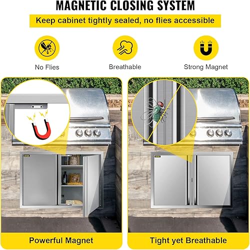 Miniatura 6 de VEVOR Puerta de acceso para barbacoa de 28 x 19 pulgadas, puerta doble para barbacoa de acero inoxidable con mango empotrado, puertas de cocina al
