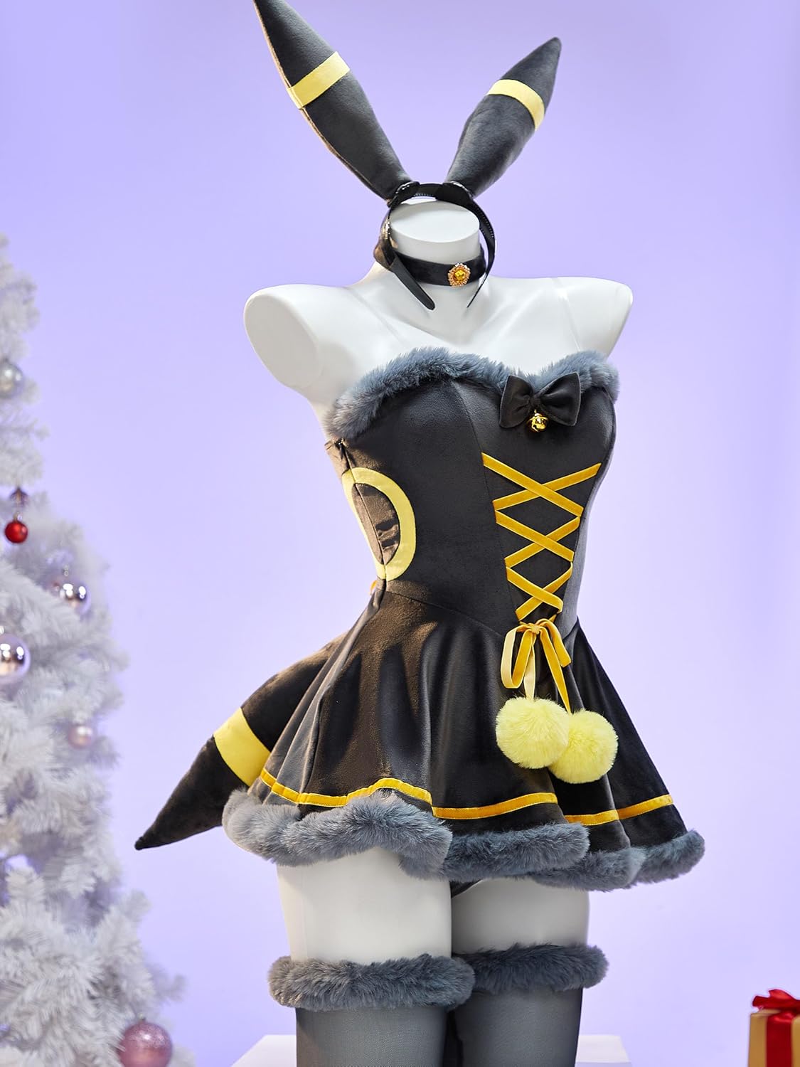 Mobbunny Women Anime Derivative Mini Dress Cosplay Costume Grey Babydoll Fluffy Dress with Headband and Tail