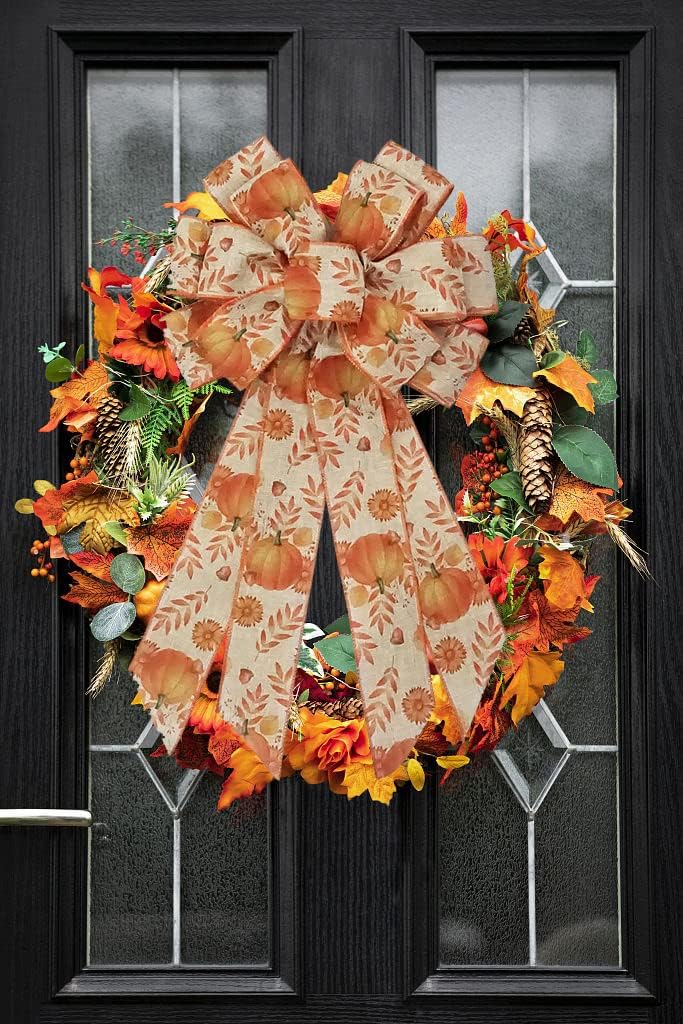 Large Fall Bows for Wreath, Thanksgiving Pumpkin Wreath With Autumn Leaves, Tree Topper Bow, Orange Burlap for Holiday Front Door, Fall Thanksgiving Decorations Supplies