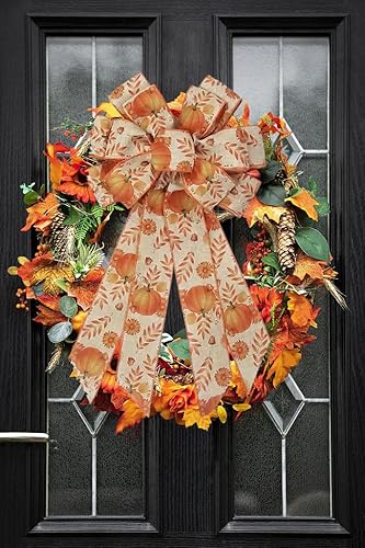 Miniatura 7 de Lazos grandes de otoño para corona, corona de calabaza de Acción de Gracias con hojas de otoño, lazo para decoración de árbol, arpillera naranja