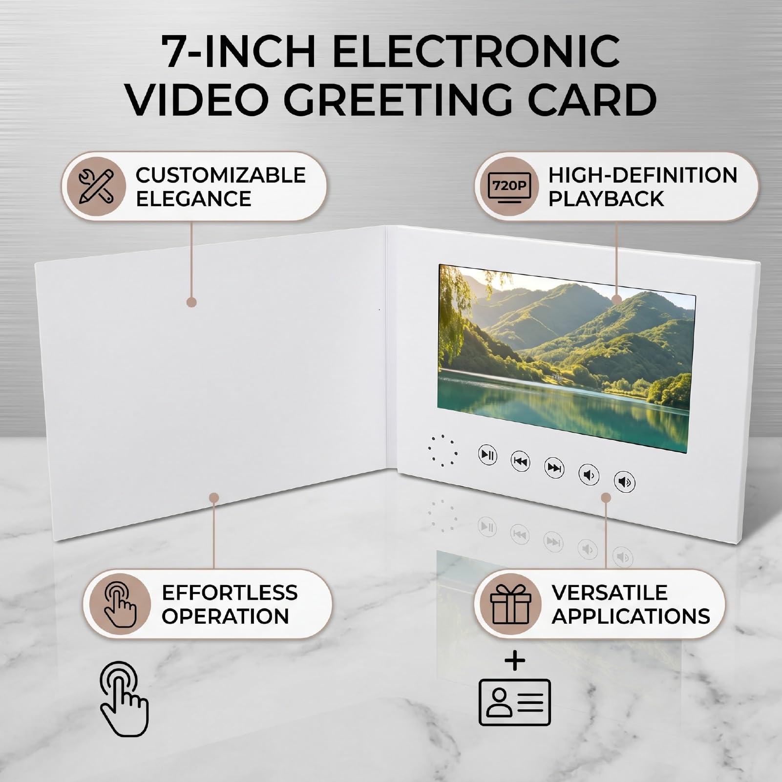 Karlak Tarjeta de Felicitación de Vídeo Electrónica 7 Pulgadas con Diseño Personalizable, Pantalla Vídeo Alta Definición 720P para Uso Personal y Marketing
