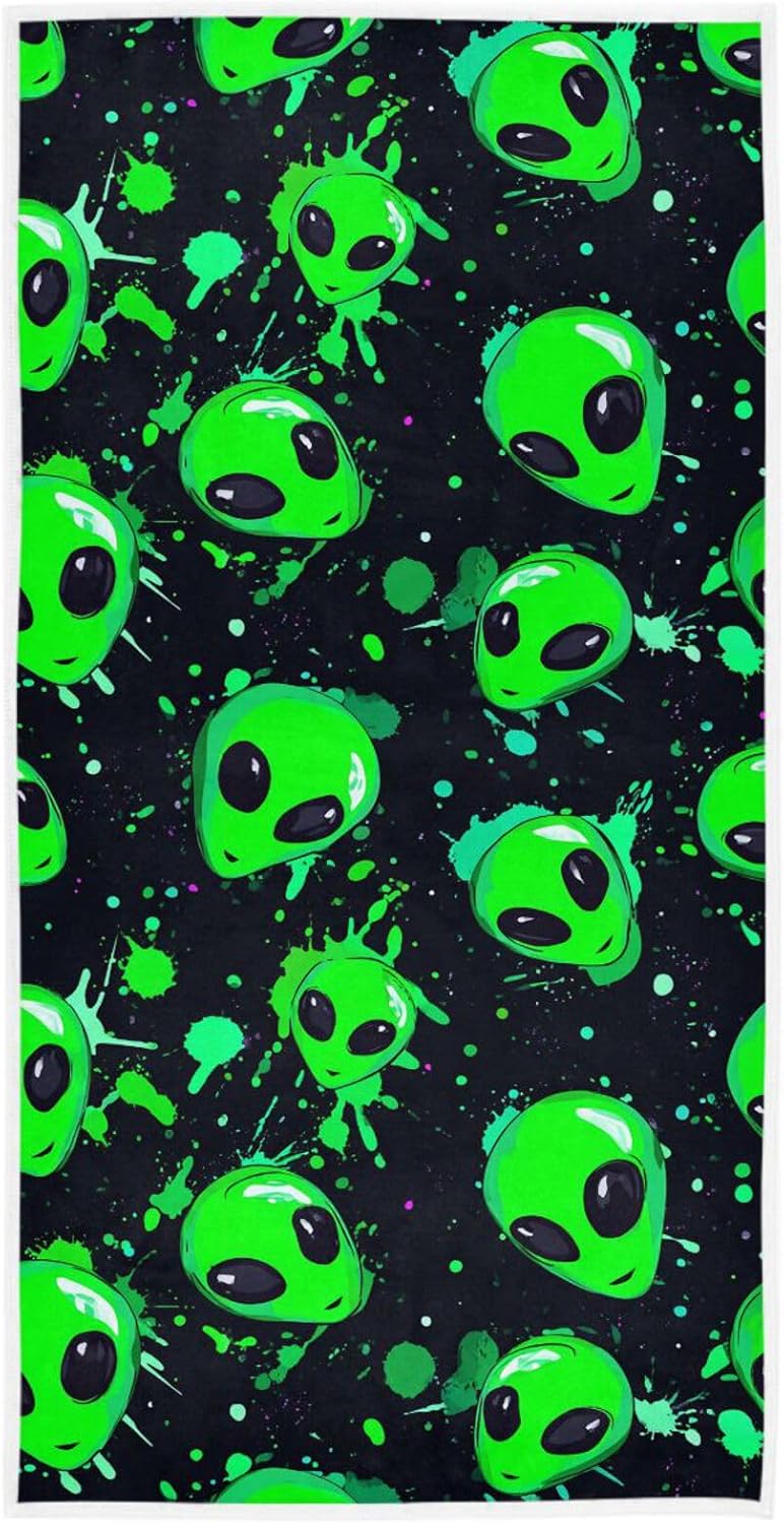 Pfrewn Alien Green Doodle Hand Bath Towels Soft Absorbent Bathroom Guest Towel Hanging Kitchen Dish Towel for Home Decor 16x30 in