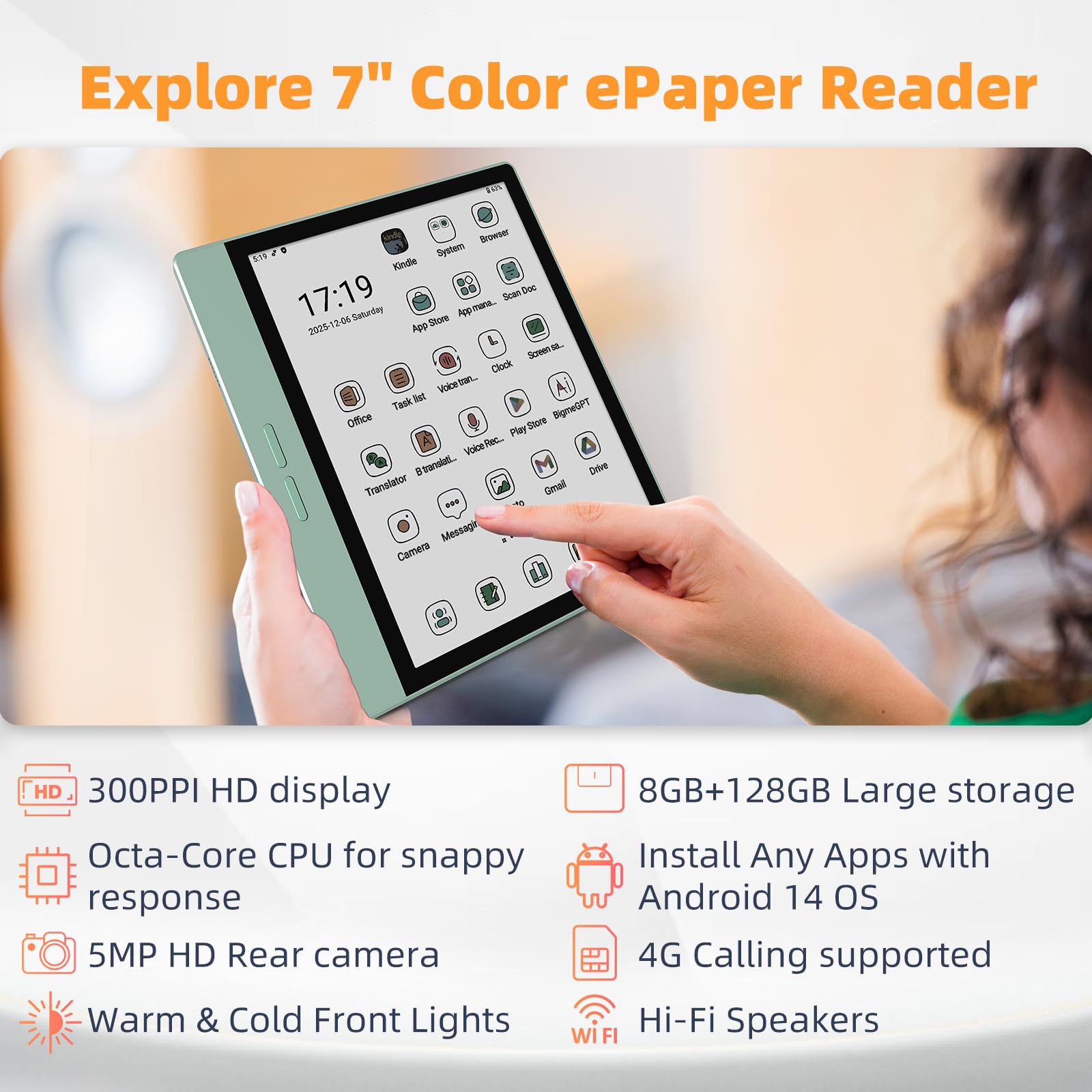 Bigme B7 Color e-Reader, ePaper Tablet 7 Inch E-ink eBook Readers Android eReader Device with 4G Calling, 8GB+128GB, Stylus, Eink Ereaders with Audiobook Note-taking Meeting Record Transcription Green — view 2