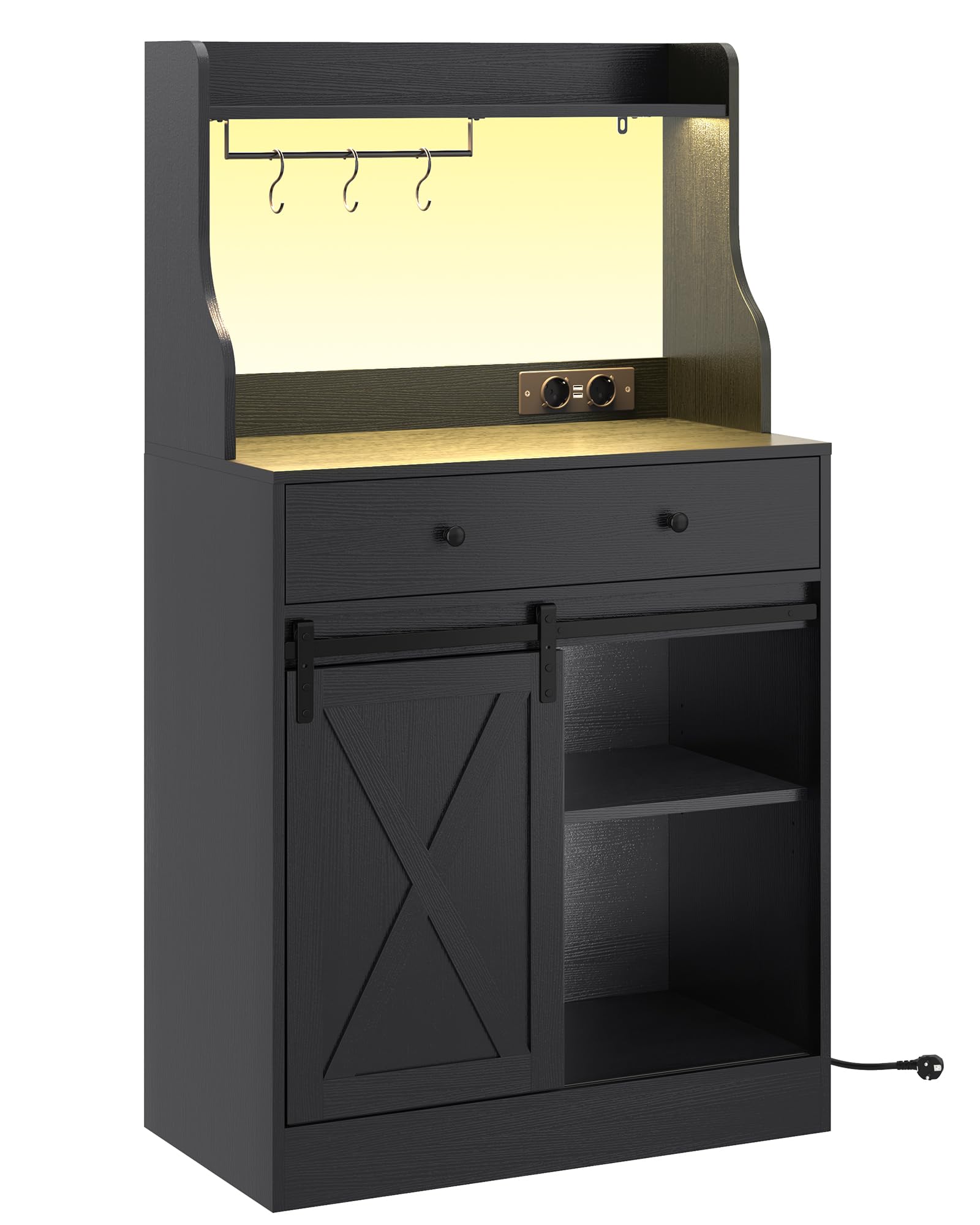 Armario de Cocina Con LED, Aparador Con Cajón Grande, Estantes Ajustables, 3 Ganchos, Gran Espacio de Almacenamiento, Para Salón, Comedor, 70 x 40 x 135 cm, Negro