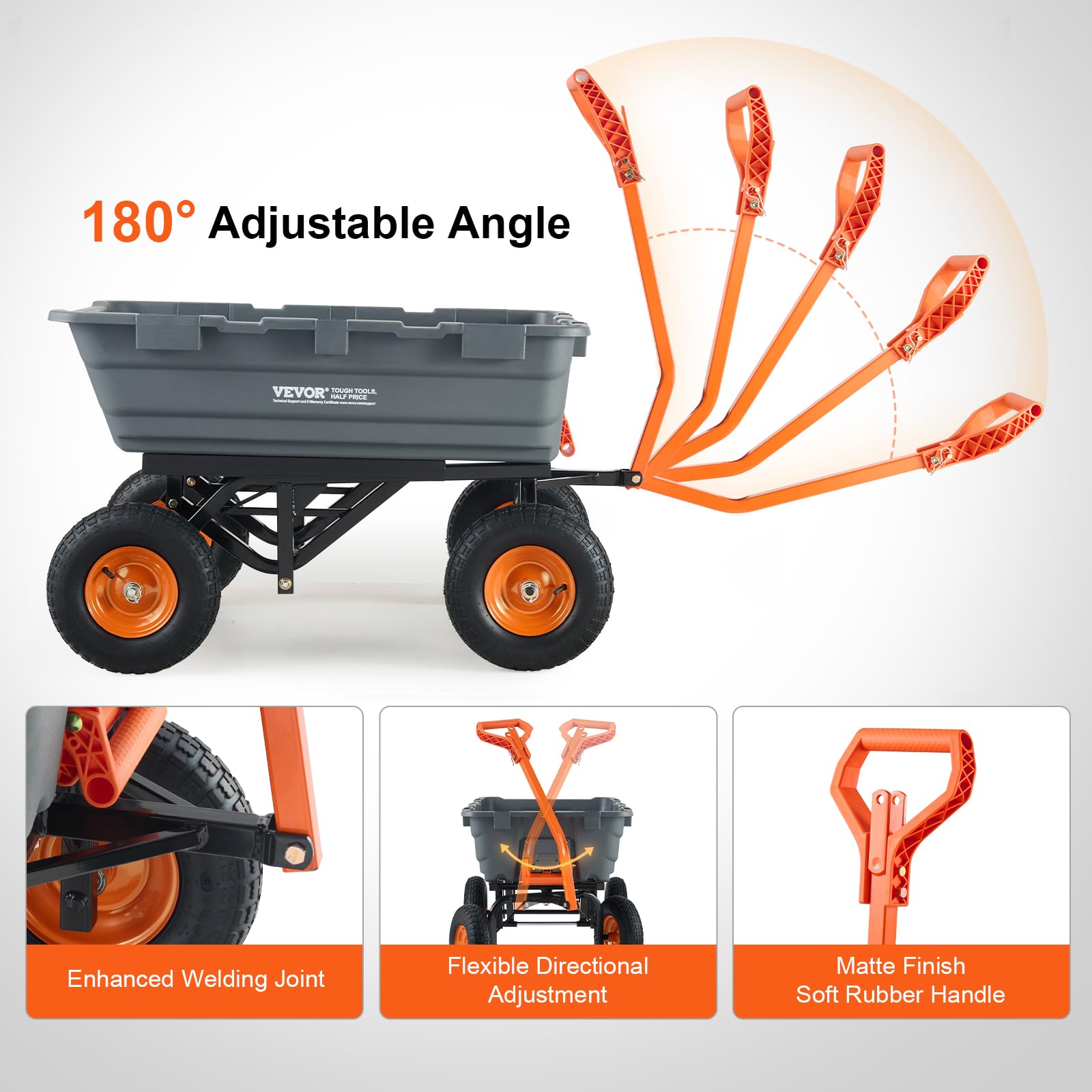 VEVOR Chariot à Benne basculante, capacité de Charge 680 kg​, Chariot de Jardin en polyéthylène Robuste avec Cadre en Acier, poignée Convertible 2 en 1, Roues 330 mm, brouette Utilitaire pour pelouse