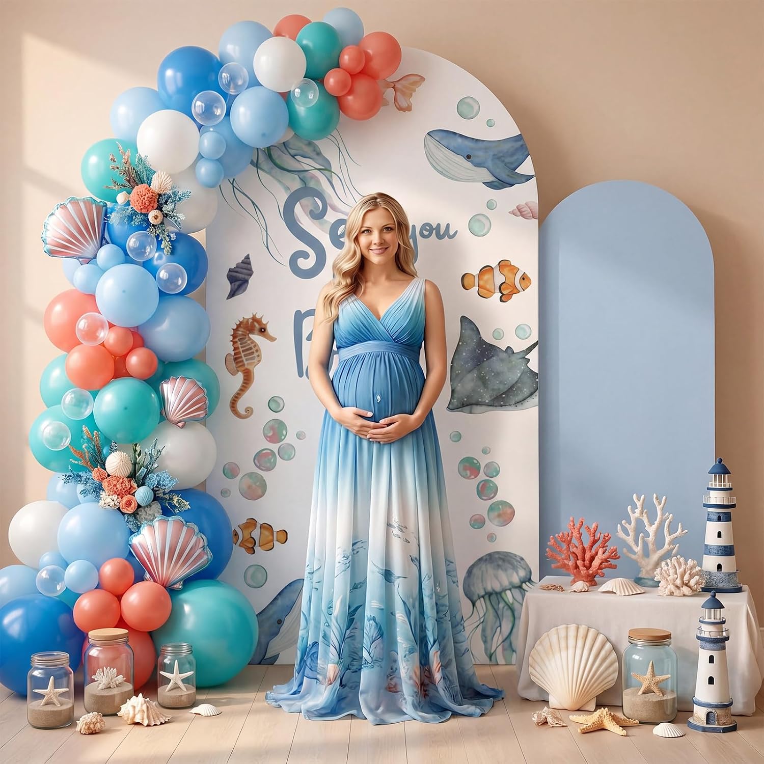 Moukeren Sea You Soon Baby Arch Backdrop Cover 6ft and 7.2ft for Ocean Animals Themed Baby Shower Party Gender Reveal Birthday Party Banquet Photo Arches Background Decorations