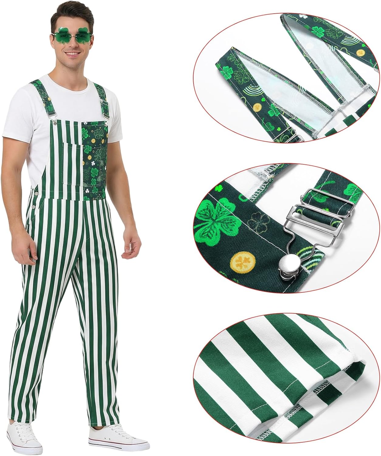 St Patricks Day Overalls Unisex Green Stripe Jumpsuit with Sunglasses,Long Romper Festival Couple Coveralls