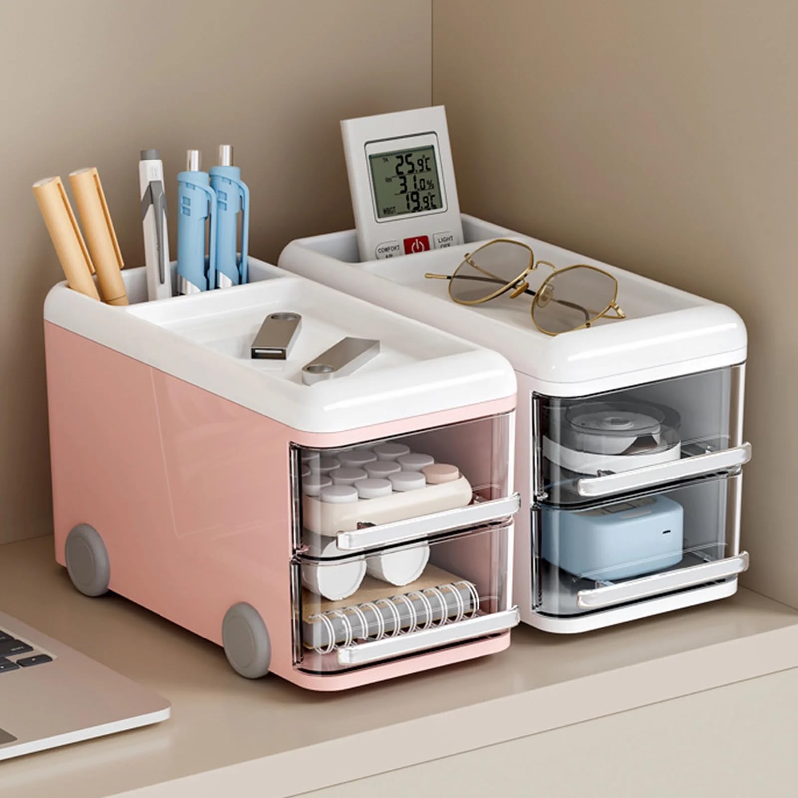 IMPRONOW Cartoon Bus-Shaped Desk Organizer – Multipurpose Tabletop Storage Box for Office, Dorm & Home | Cute Pink Display Stand for Cards, Makeup, Stationery & Desk Accessories - White 3