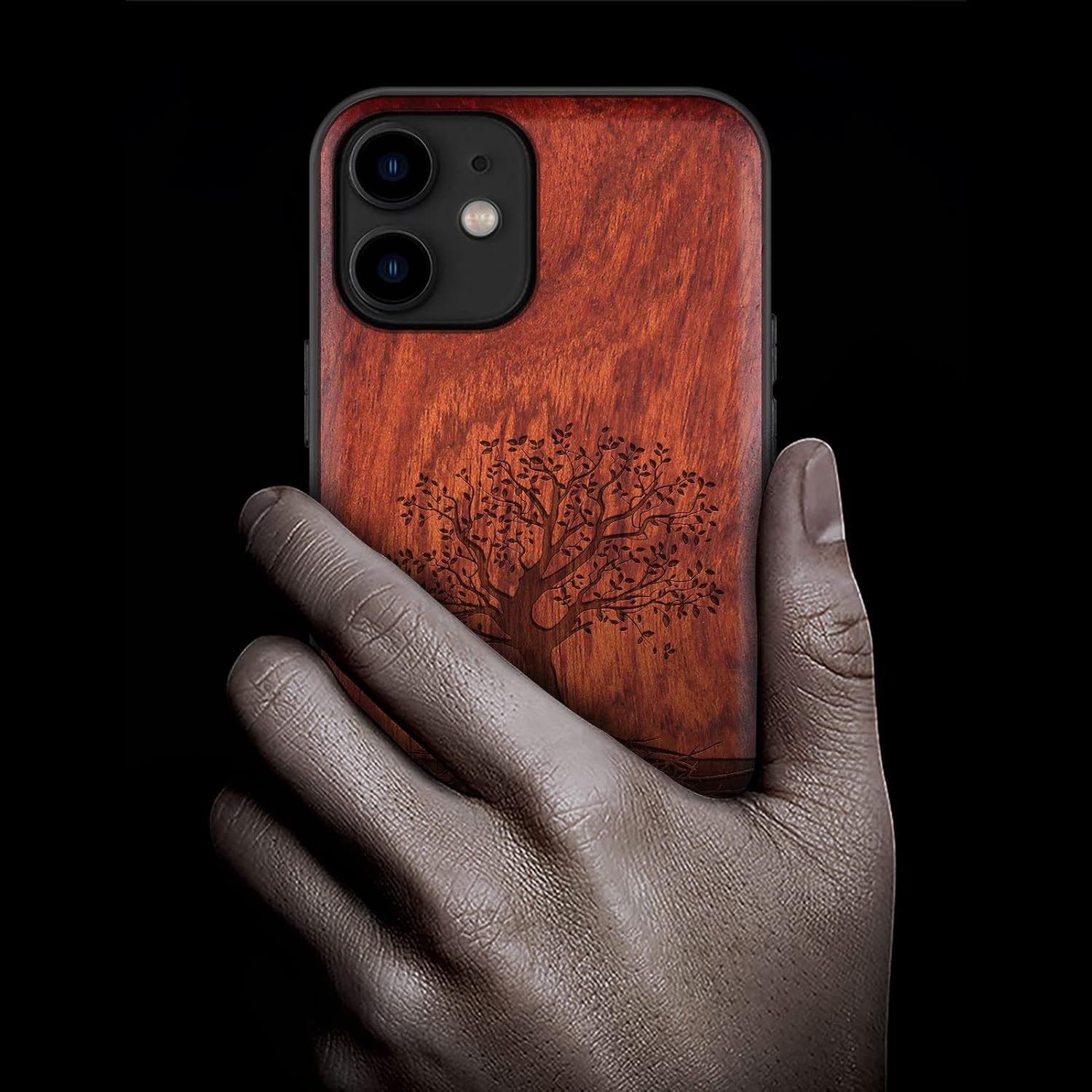 Carveit Wood Case for iPhone 11 Case [Hard Real Wood & Black Soft TPU] Shockproof Protective Cover Unique Wooden Phone Protector Compatible with Apple iPhone 11 (Tree with Roots-Rosy)