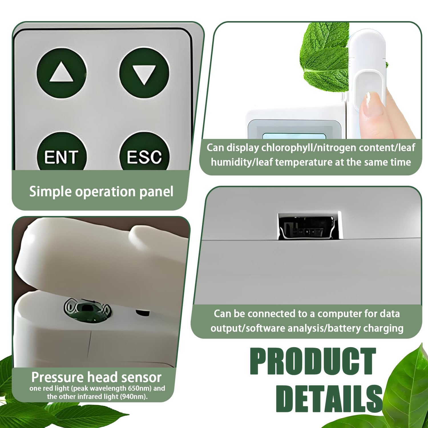 Analyseur de chlorophylle Portable, chlorophylle-mètre portatif, avec écran LCD, Zone de Mesure 2 * 2 mm, chlorophylle : 0,0-99,9 SPAD, pour Tester la chlorophylle des Plantes.