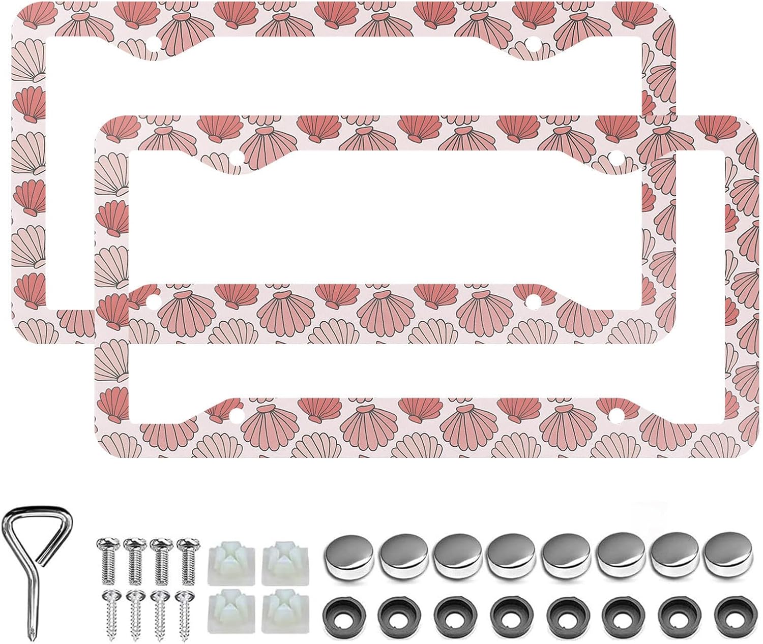 Pink Sea Shells License Plate Frames - 2 Pcs Set 4 Holes Metal Aluminum Auto Car Plate Frame Accessories Decoration License Plate Holder Fit US Vehicles for Women Men Gift