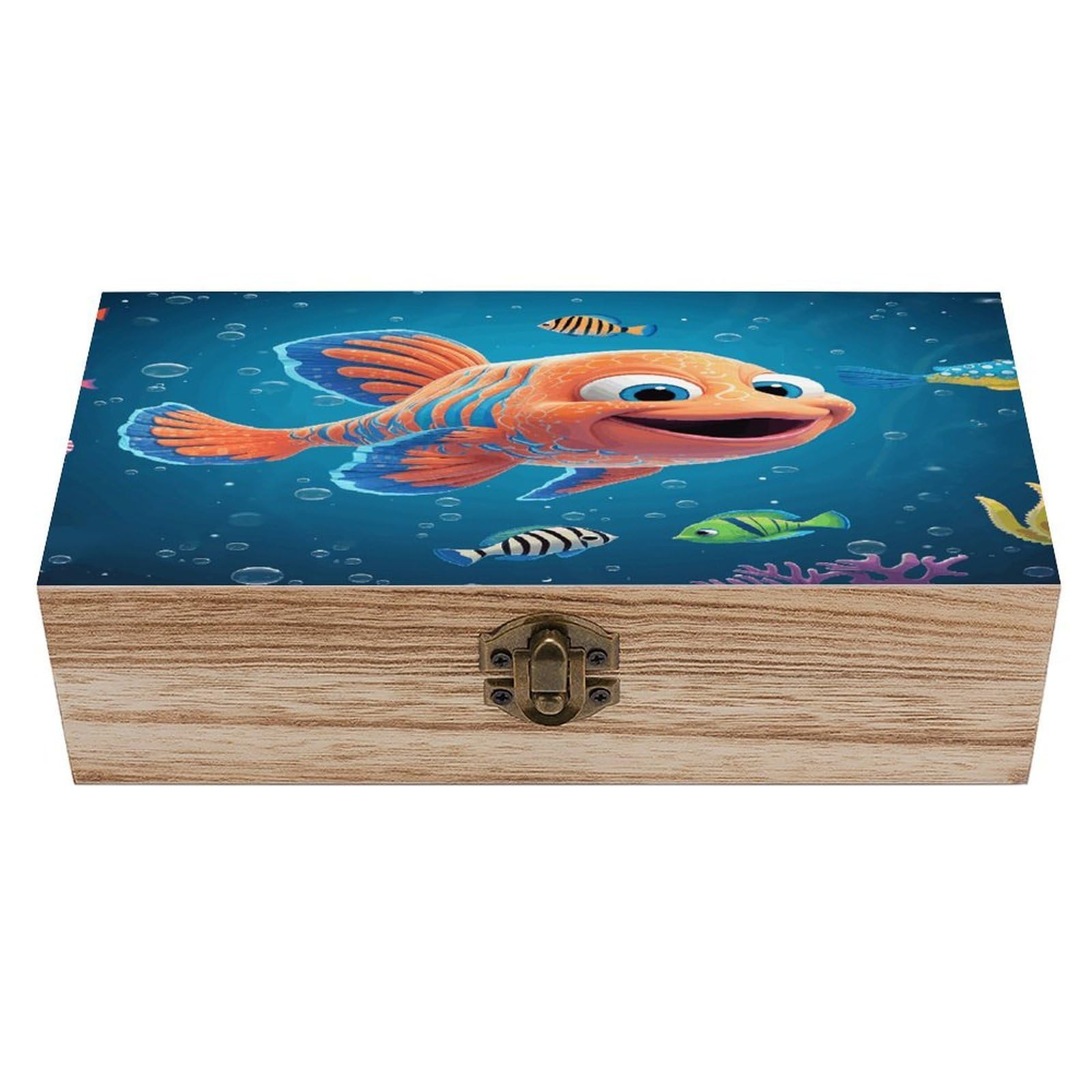 Coffre de rangement bois poissons rétro pour sublimer vos photos de vacances au salon