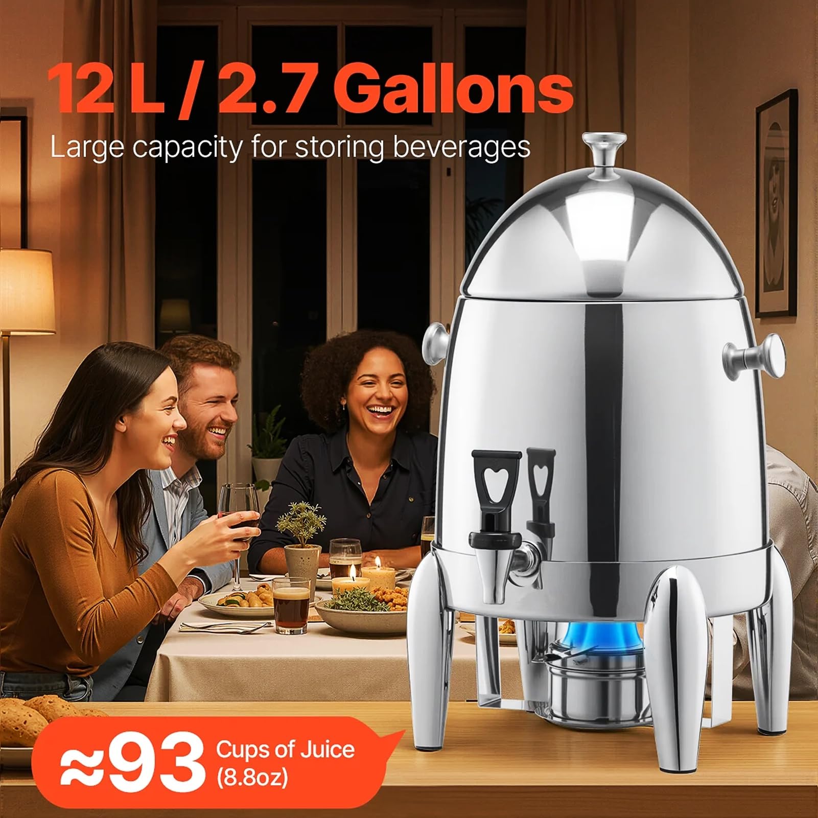 Scaldacaffè in acciaio inox Distributore di bevande da 12 litri con serbatoio e rubinetto Bevande calde e fredde per catering, buffet e banchetti, Argento