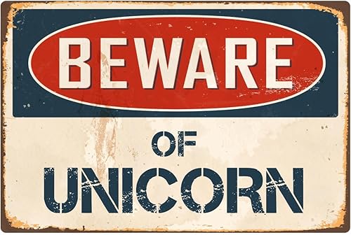 Letrero de metal retro vintage de aluminio con texto en inglés "Beware Of Unicorn VS426" (8 x 12 pulgadas)