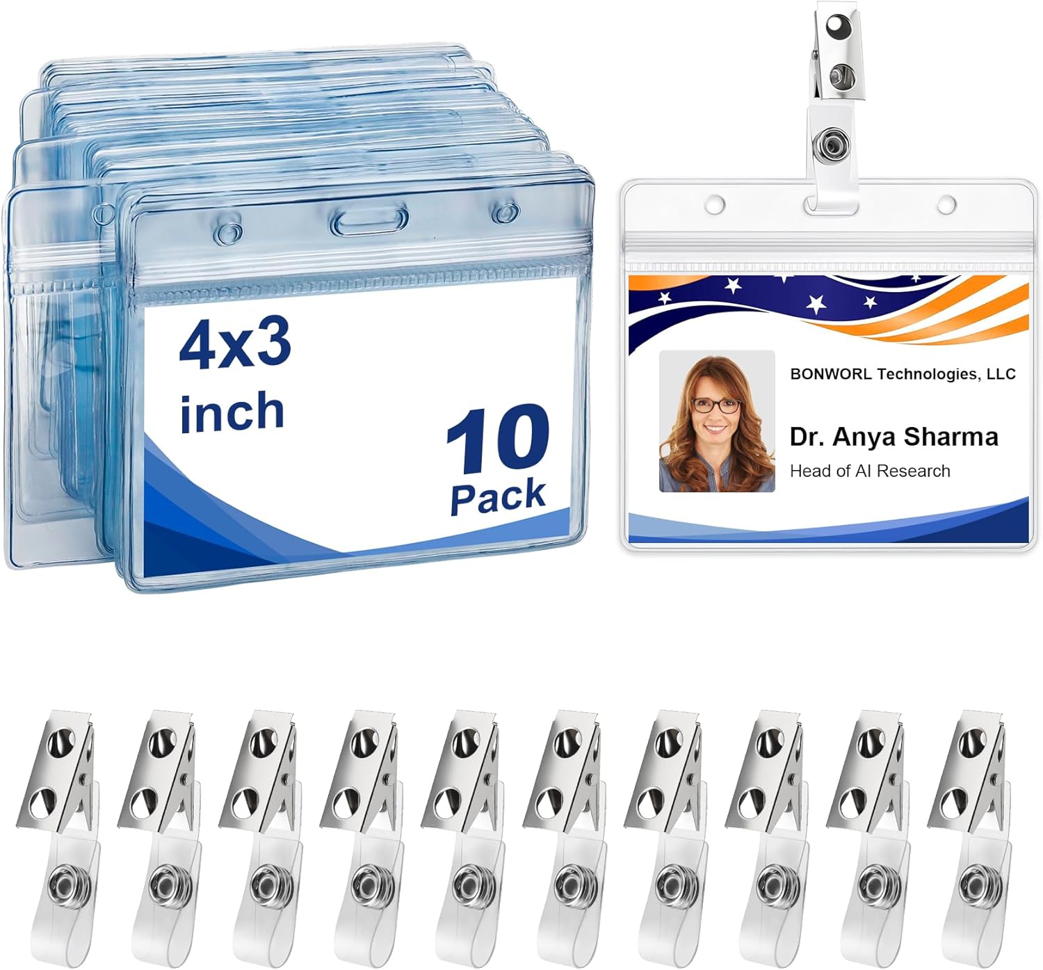 100 Pack Vertical Badge Holder with Clip, Clear PVC Waterproof ID Card Holders in Bulk, Heavy Duty Metal Clip Name Tag Holders for Office, School, Events & Exhibitions