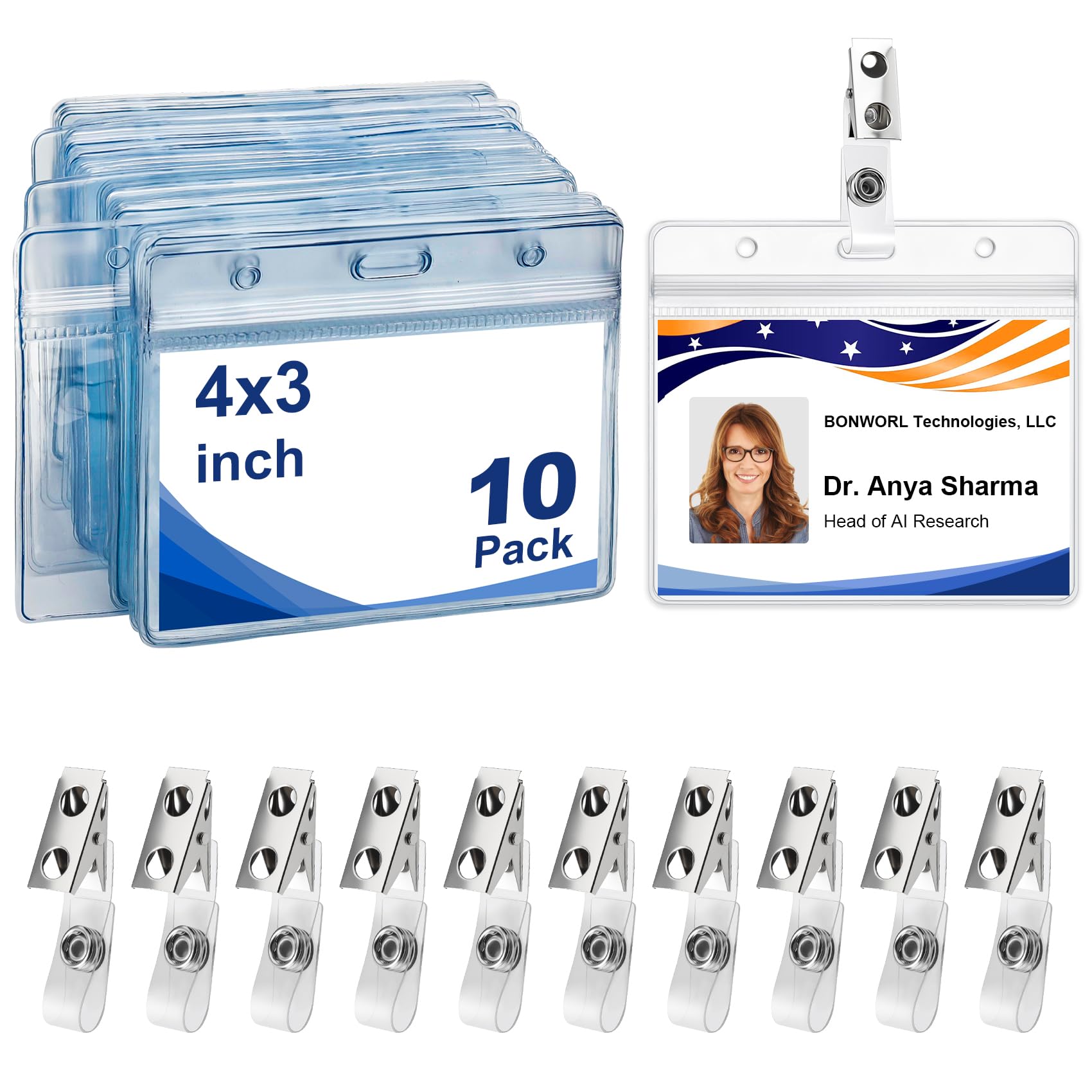 Name Tag Holders with Metal Clips 10 Pack 4x3 Horizontal ID Holder
